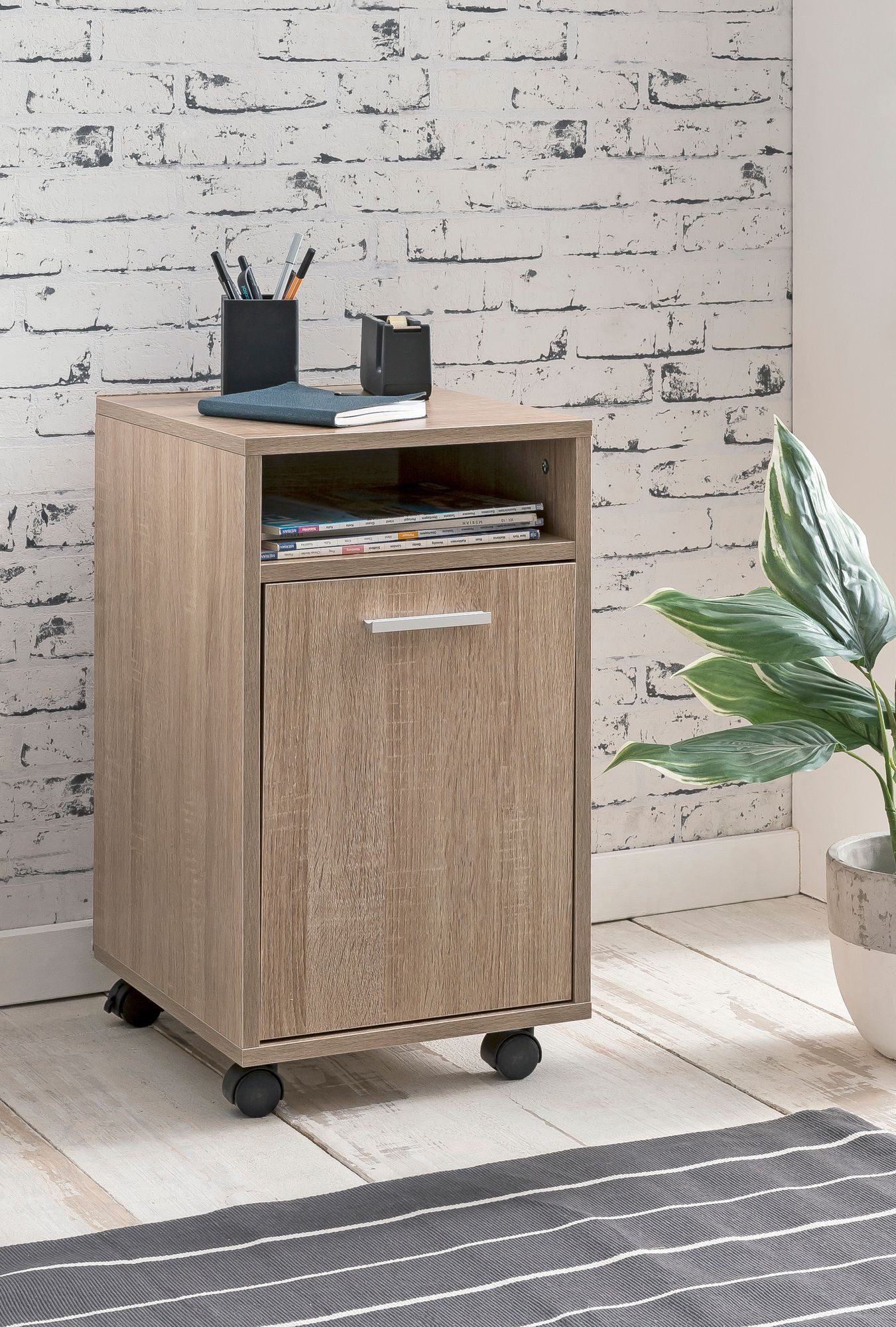 Wohnling Rollcontainer WL5.929 Schreibtischcontainer Sonoma Bürocontainer Holz WL5.929, (Bürocontainer Sonoma 33x60x38, Beistellcontainer), Moderner Schreibtischcontainer mit Rollen und Tür