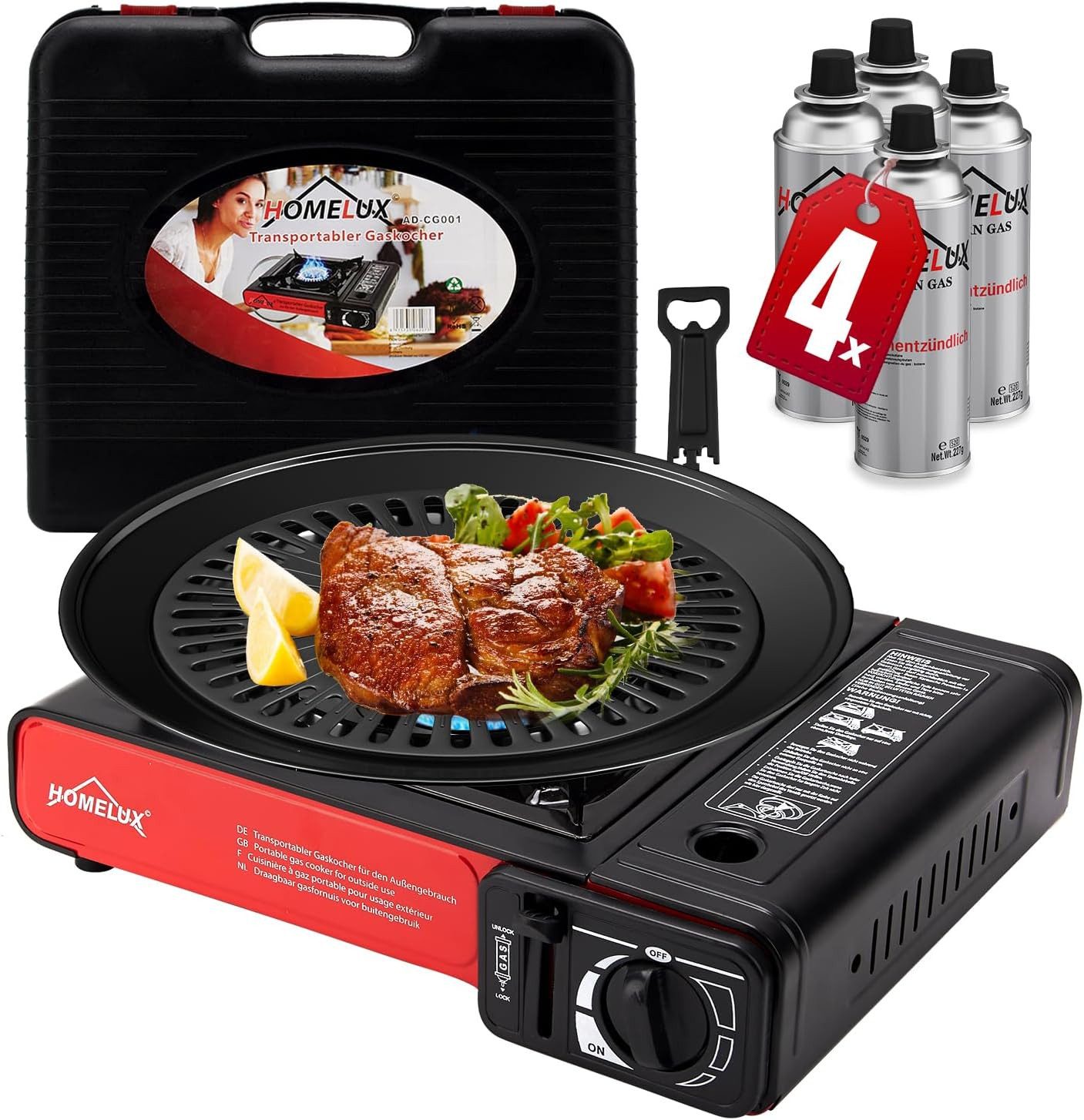 HOMELUX Gaskocher Campingkocher Grillplatte mit Piezozündung + 4 x Gaskartuschen, (Grillplatte Tischgrill Transportkoffer Gasbrenner Gasgrill, 5-St., Campingkocher Outdoor Camping Gas Kocher Herd)