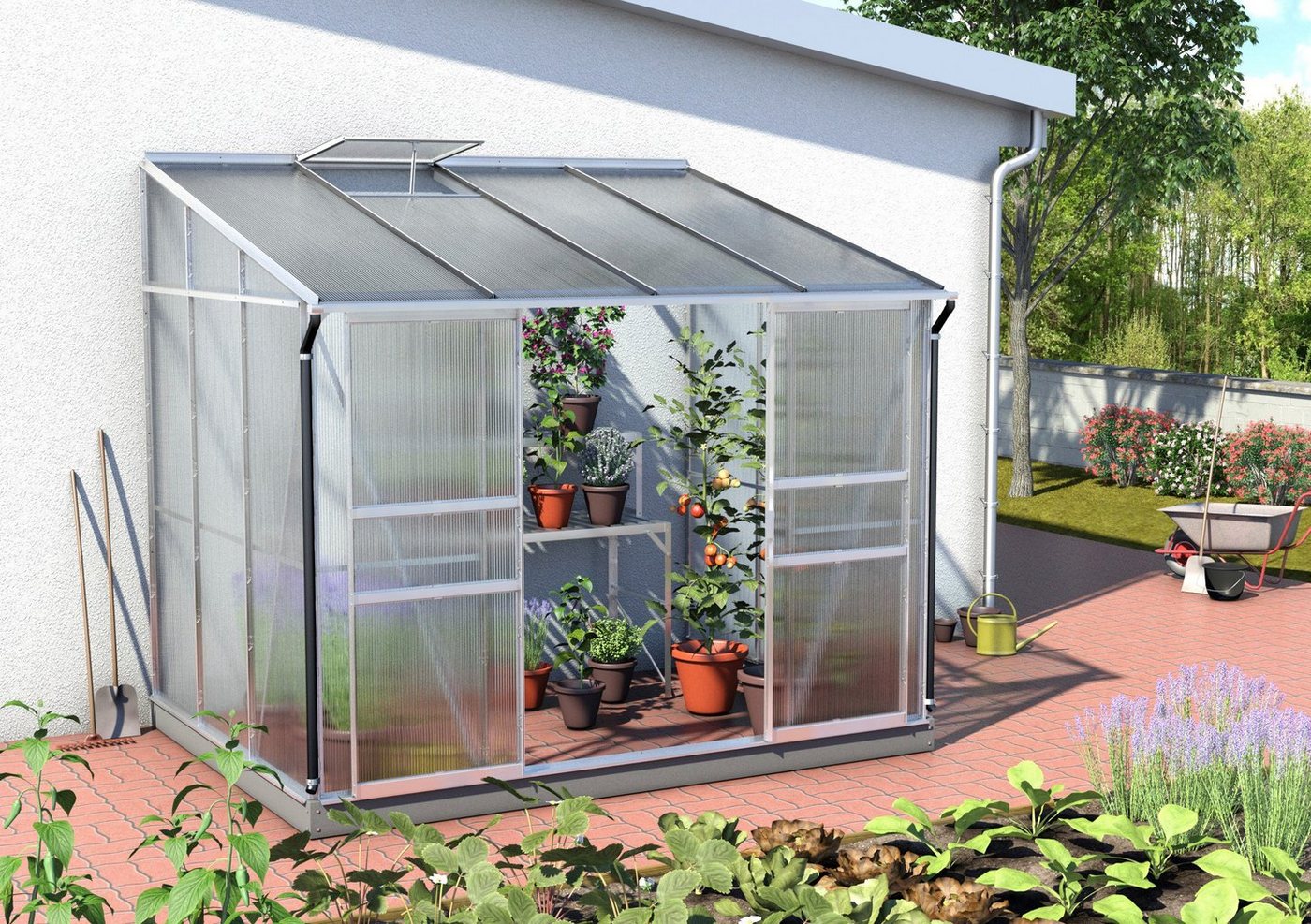 Vitavia Anlehngewächshaus Osiris 5200, BxTxH: 262 x 201 x 221 cm, 6 mm Wandstärke silberfarben Vitavia Anlehngewächshaus Osiris 5200, BxTxH: 262 x 201 x 221 cm, 6 mm Wandstärke silberfarben