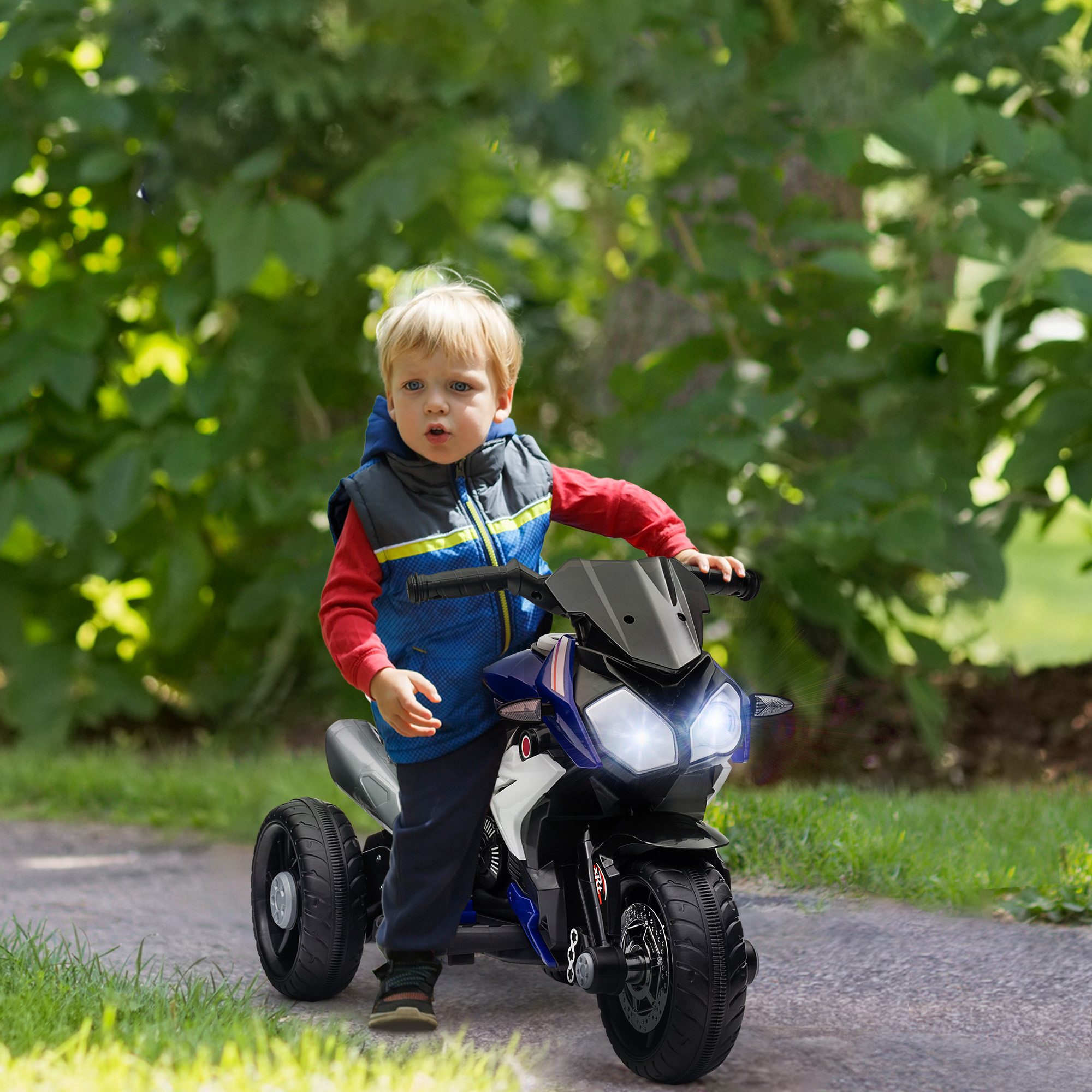 HOMCOM Elektro-Kindermotorrad mit Musik, Scheinwerfer, 25W Motor, 3 km/h, Belastbarkeit 25 kg, (1-tlg), für Kinder von 3-5 Jahren, Blau+Weiß
