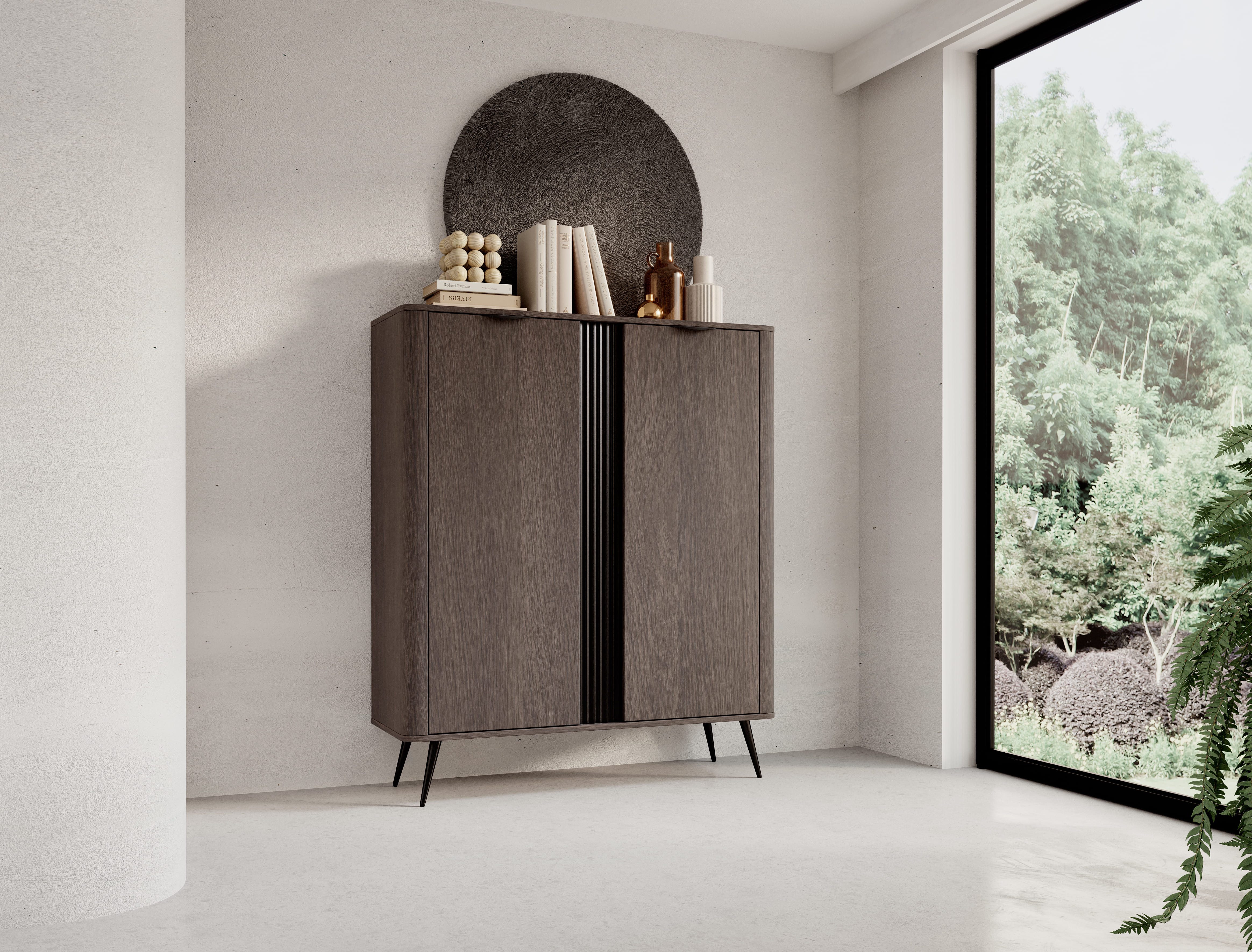 MOEBLO Kommode LARON 2D (Eiche Dunin mit 2 Türen, modernes Industrial & Japandi Design, Metallgriffe & Füße, geriffelte Zierleiste, elegantes Stauraummöbe, Sideboard Wohnzimmer Kommode Schlafzimmer Komodenschrank Highboard), (BxHxT): 113,2 x 134,2 x 38 cm