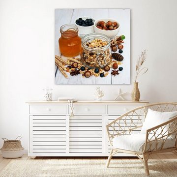 Primedeco Glasbild Wandbild Quadratisch Granola und Honig mit Aufhängung, Cerealien