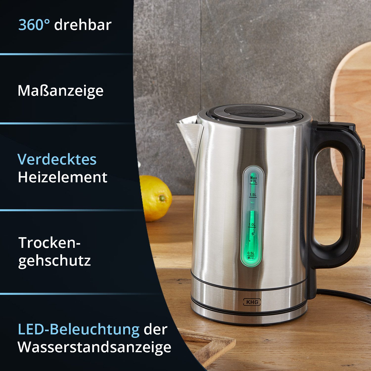 KHG Wasserkocher WK-1703 ES aus Edelstahl, 1,7 Liter, 5 Temperaturstufen 50-100°C, 1.7 l