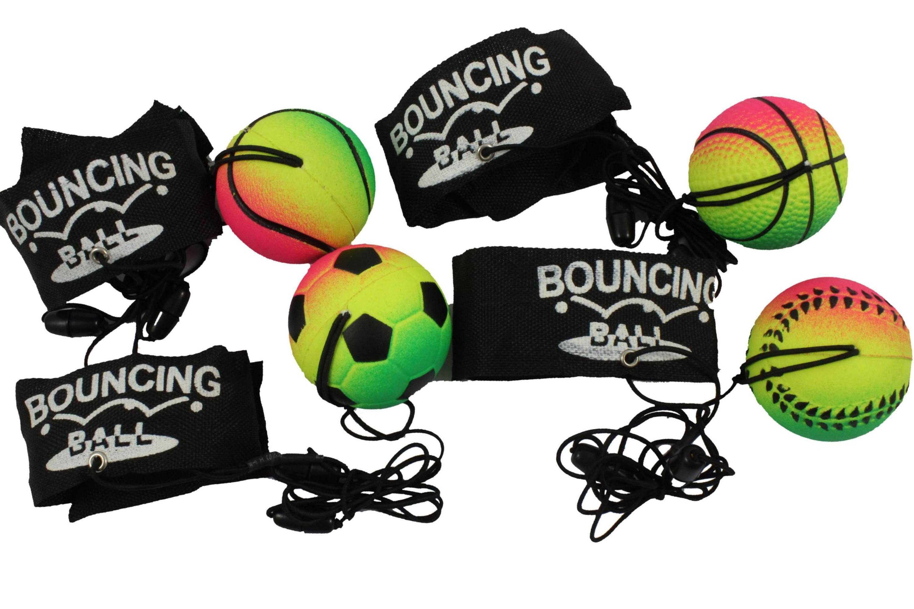 ELLUG Spielball 4er Set Neon-Springball/Returnball/Flummi, Armband & Schnur, Safety Clip, Fußball/Basketball/Tennisball/Baseball Ø6,3cm | Spielbälle