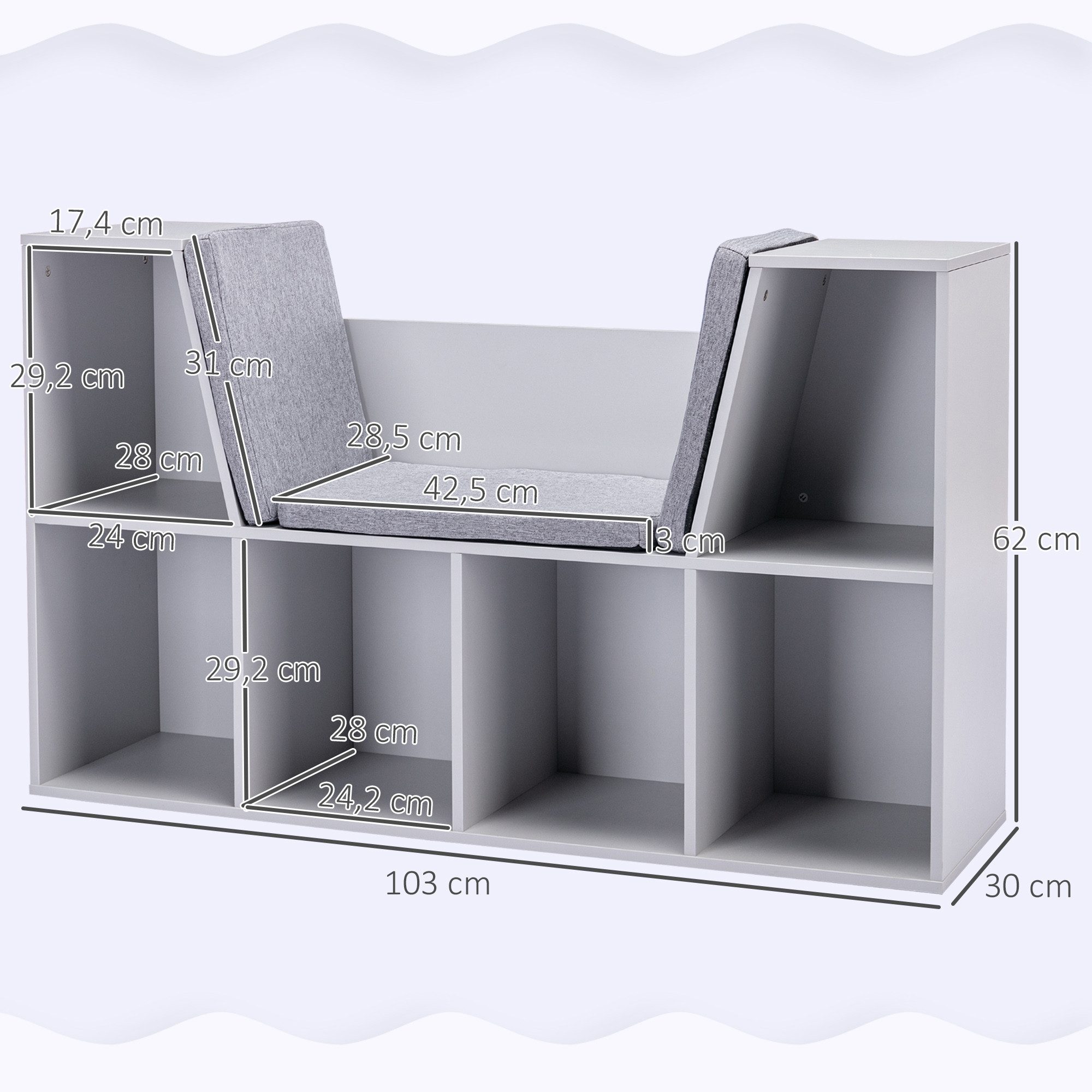 HOMCOM Kinderregal Kinder Spielzeugregal Spielzeug-Organizer für Spielzimmer 103x30x62 cm, Bücherregal mit Sitzhocker 1-tlg., mit 6 Fächern, 3 Kissen, für Kinderzimmer, Wohnzimmer, Grau