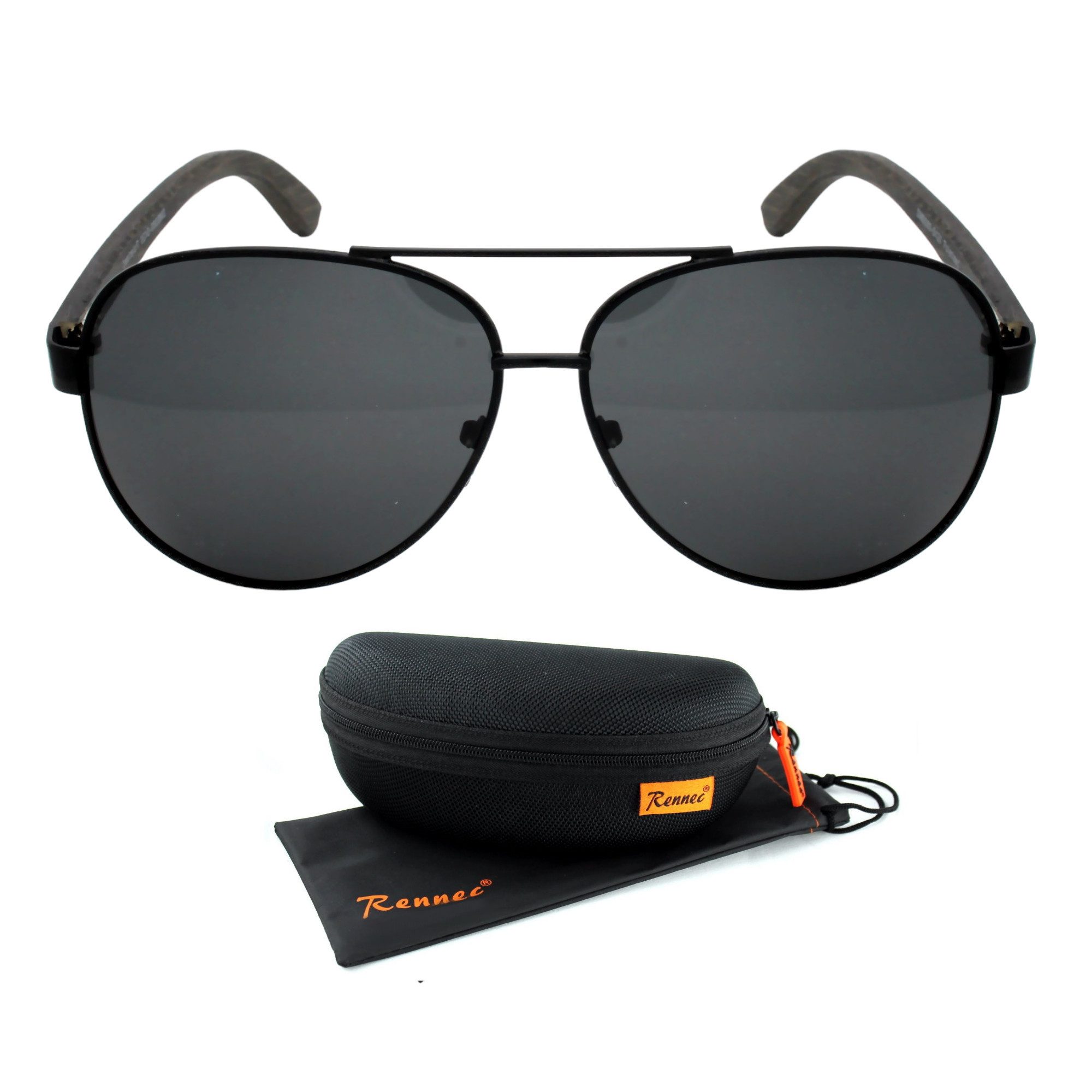 LUXXADA Sonnenbrille (Piloten Sonnenbrille Polarisiert Braun oder Schwarz Getönt mit Hardcase) Unisex Pilotenbrille mit Bambus Holz Bügeln