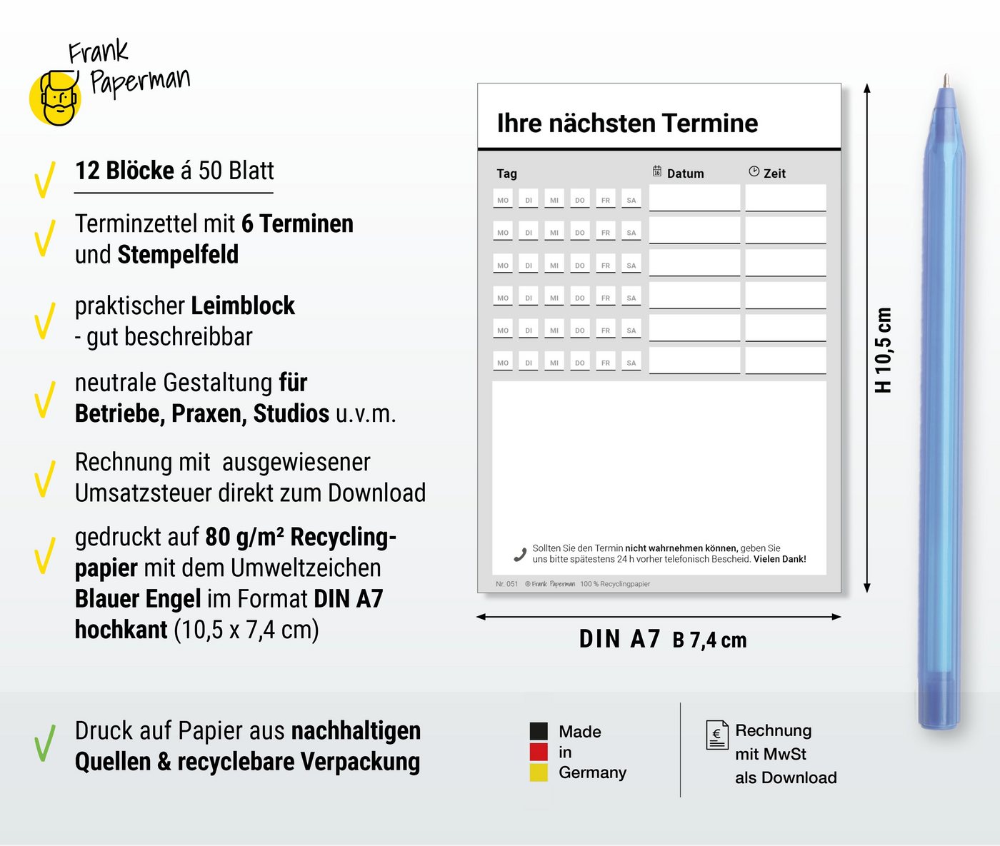 Thumbnail - Frank Paperman Terminplaner, 600 Terminzettel, 12 x Terminblock à 50 Blatt, 6 Termine, für Ärzte, Heilpraktiker, Physio,...