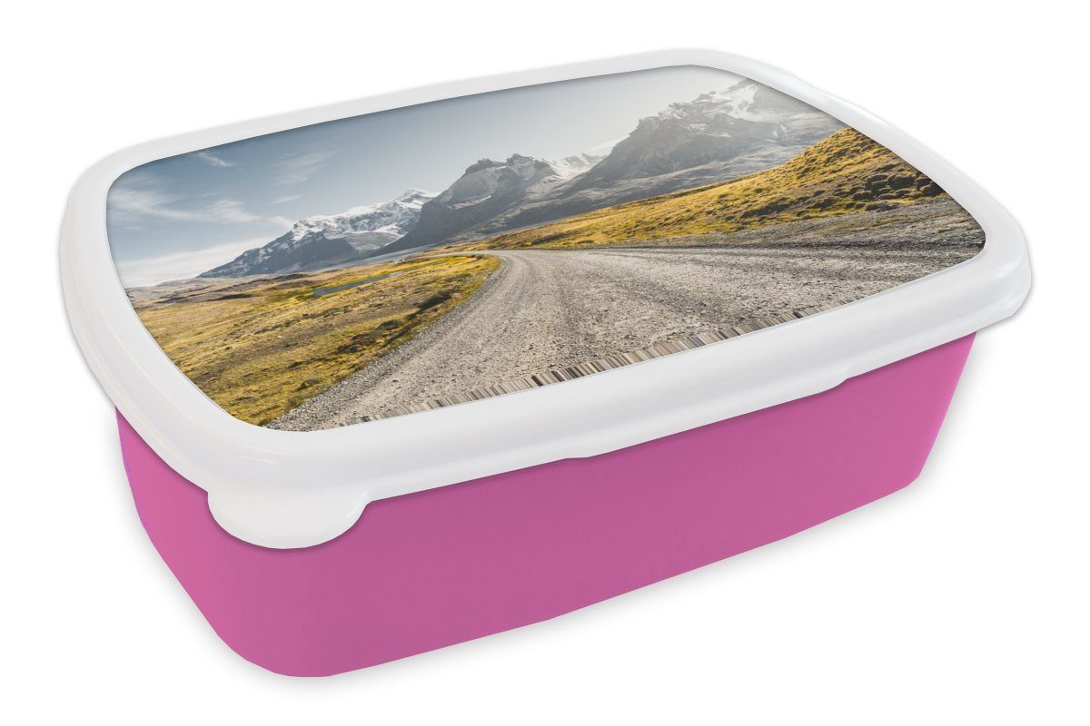 MuchoWow Lunchbox Schotterweg durch die Natur, Kunststoff, (2-tlg), Brotbox für Erwachsene, Brotdose Kinder, Snackbox, Mädchen, Kunststoff rosa