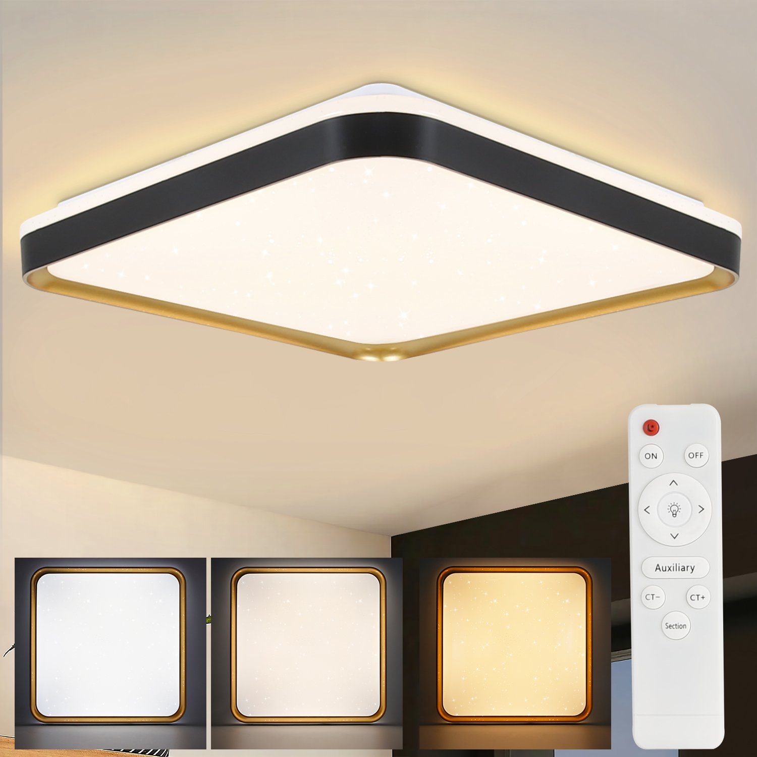 ZMH LED Deckenleuchte Eckige Sternenhimmel-Design 40cm CCT mit Fernbedienung 44W, dimmbar, LED fest integriert, warmweiß-kaltweiß, Schwarz-Gold | Deckenlampen