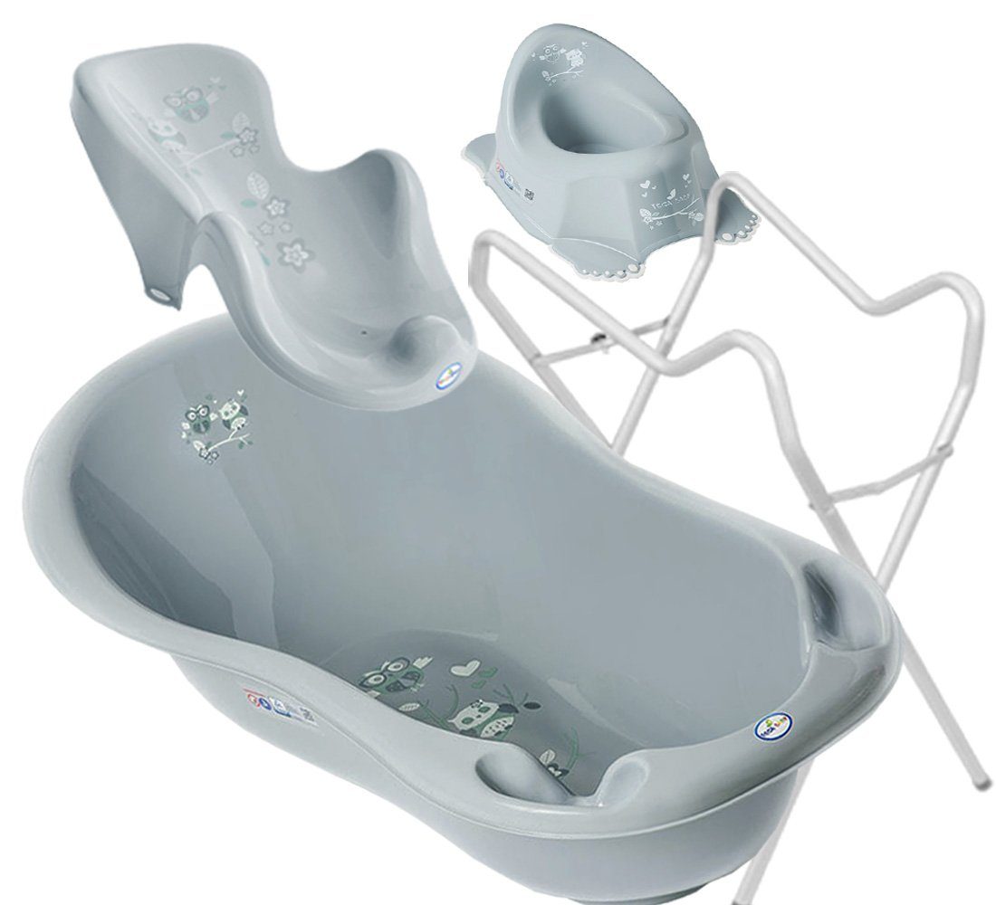 Tega-Baby Babybadewanne 3 TEILE SET – EULE Grau + Gestell Weiss – Baden, (Made in Europe, Premium.set – 3 Teile + Ständer), ** Wanne, Badesitz, Töpfchen, Ständer **