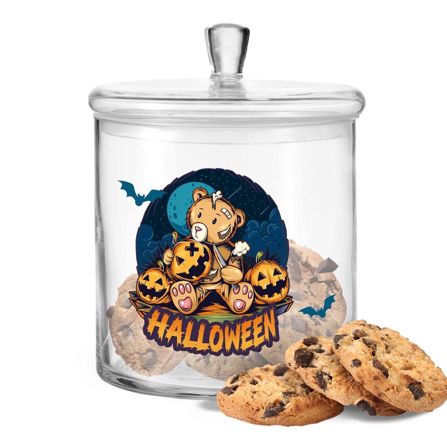GRAVURZEILE Keksdose aus Glas - Halloween Teddy mit luftdichtem Deckel, Glas, (2, 2-tlg), Handgefertigte Glasdose mit Deckel und schaurigem Halloween Motiv | Keksdosen