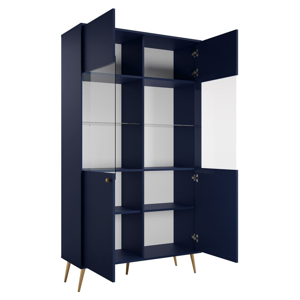 Lomadox Vitrine RIPLEY-166 blau, 105 cm breit, 2 Türen, goldene Füße und Griffe