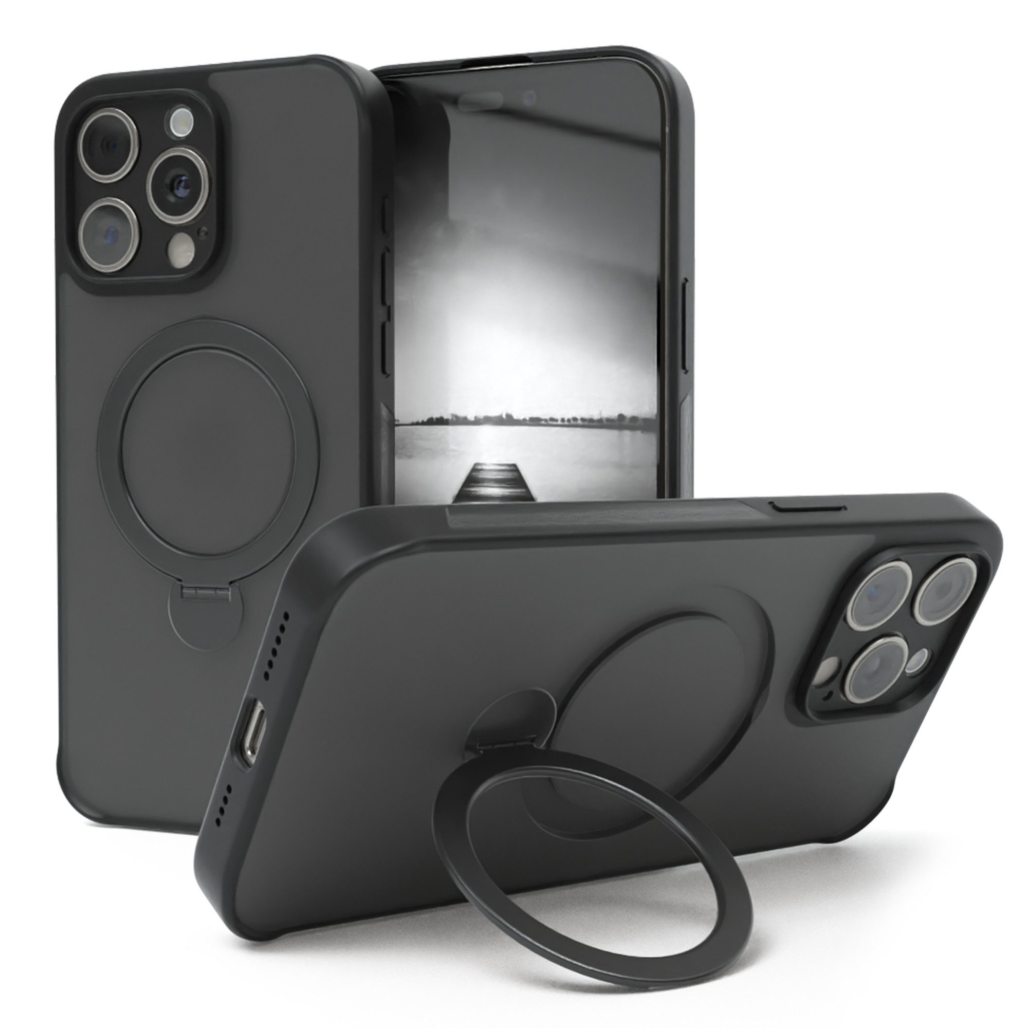 EAZY CASE Handyhülle Outdoor iPhone 15 Pro Max Case MagSafe Ring 6,7 Zoll, Outdoor Handy Hülle Bumper Schutzhülle Slim mit Kameraschutz Schwarz