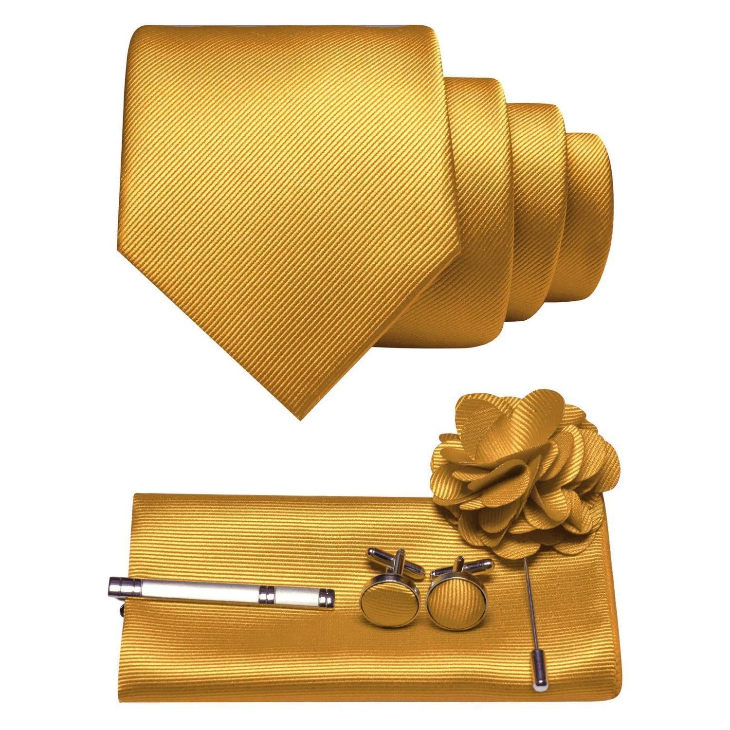 LuxusKollektion Krawatte Krawatten-Geschenkset Twill Uni Gelb inkl. Zubehör (1-St)
