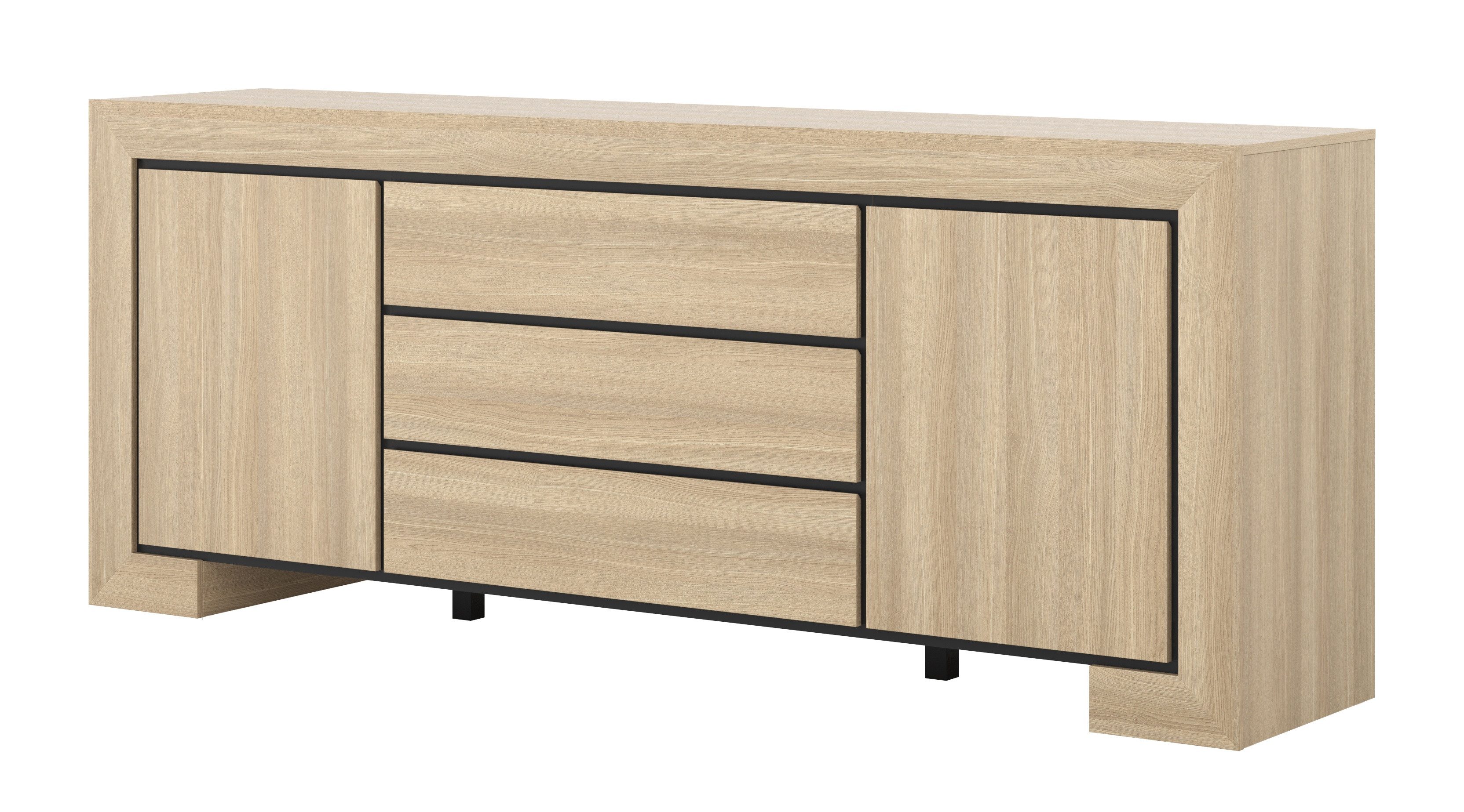 Masseno Kommode LUNO 225 cm Sideboard mit 3 Schubladen und 2 Türen Eichefarben