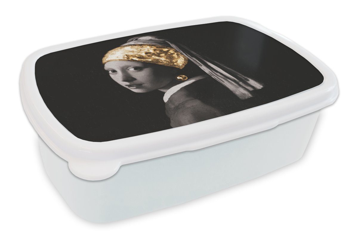 MuchoWow Lunchbox Mädchen mit Perlenohrring - Vermeer - Gold - Schwarz - Weiß, Kunststoff, (2-tlg), Brotbox für Kinder und Erwachsene, Brotdose, für Jungs und Mädchen