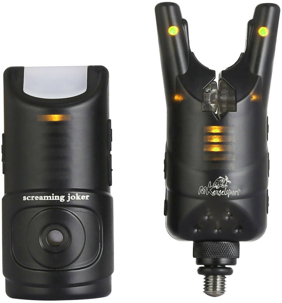 MK Angelsport elektronischer Bissanzeiger MK 3+1 Funkbissanzeiger Set Screaming Joker, (3 Funkbissanzeiger plus 1 Receiver. Mit passender Transporttasche)