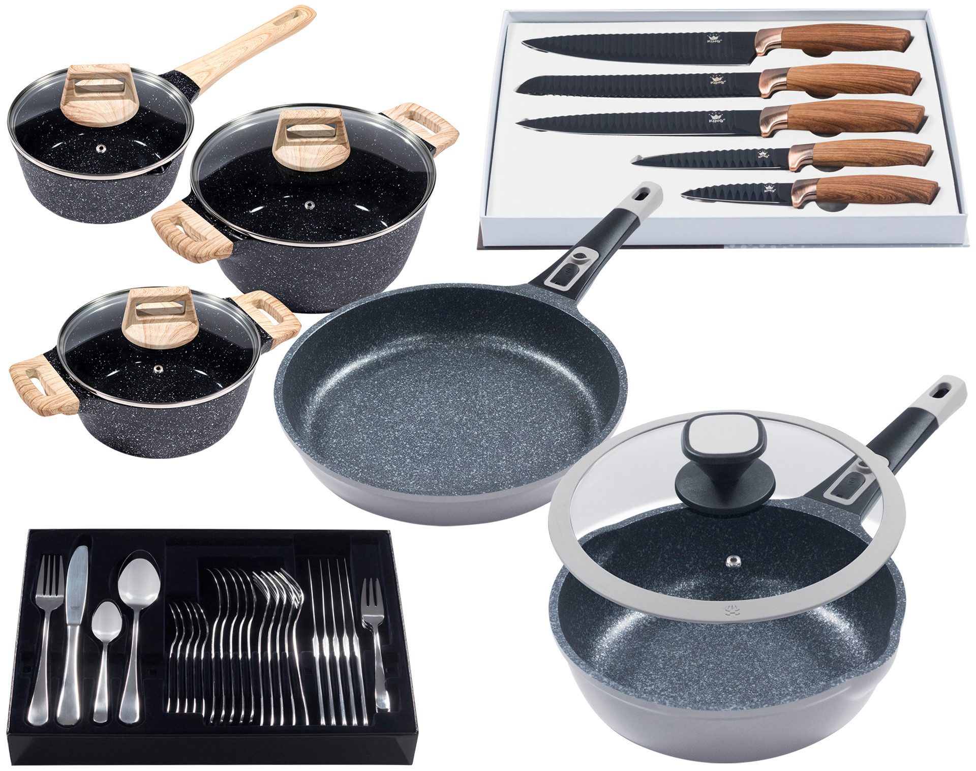 KING Pfannen-Set Moonscape, Aluminiumguss (Set, 11-tlg), Induktion, (Töpfe+Glasdeckel, Pfannen+Deckel,Messer,Besteckset)