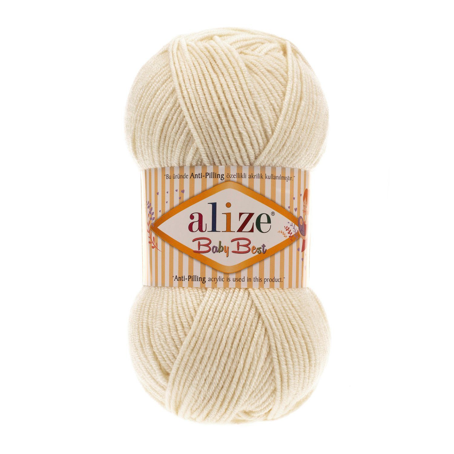Alize 5 x 100g Strickgarn ALIZE Baby Best uni Babywolle Wolle Antipilling Häkelwolle, 240 m (Sparpaket), 62 creme