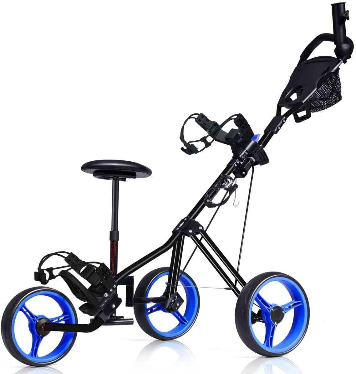 COSTWAY Golftrolley 3-Rad Golfwagen, klappbar, mit verstellbarem Sitz, Griff blau | Sport-Trolleys