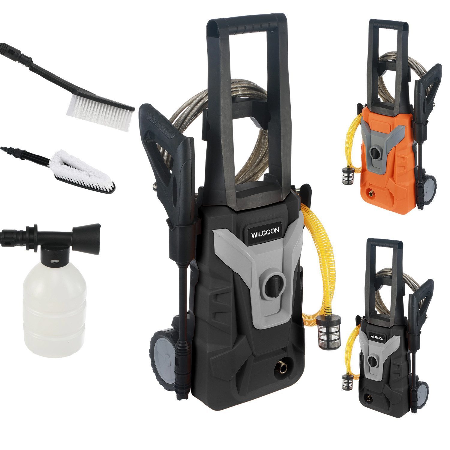 WILGOON Hochdruckreiniger Elektro Hochdruckreiniger 1800 Watt 7m Hochdruckschlauch inkl. Zubehör, Druck max: 130 bar, 1800 W, Fördermenge max: 450 l/h, Pressure Washer für die Reinigung von Außenbereichen und Autowäsche