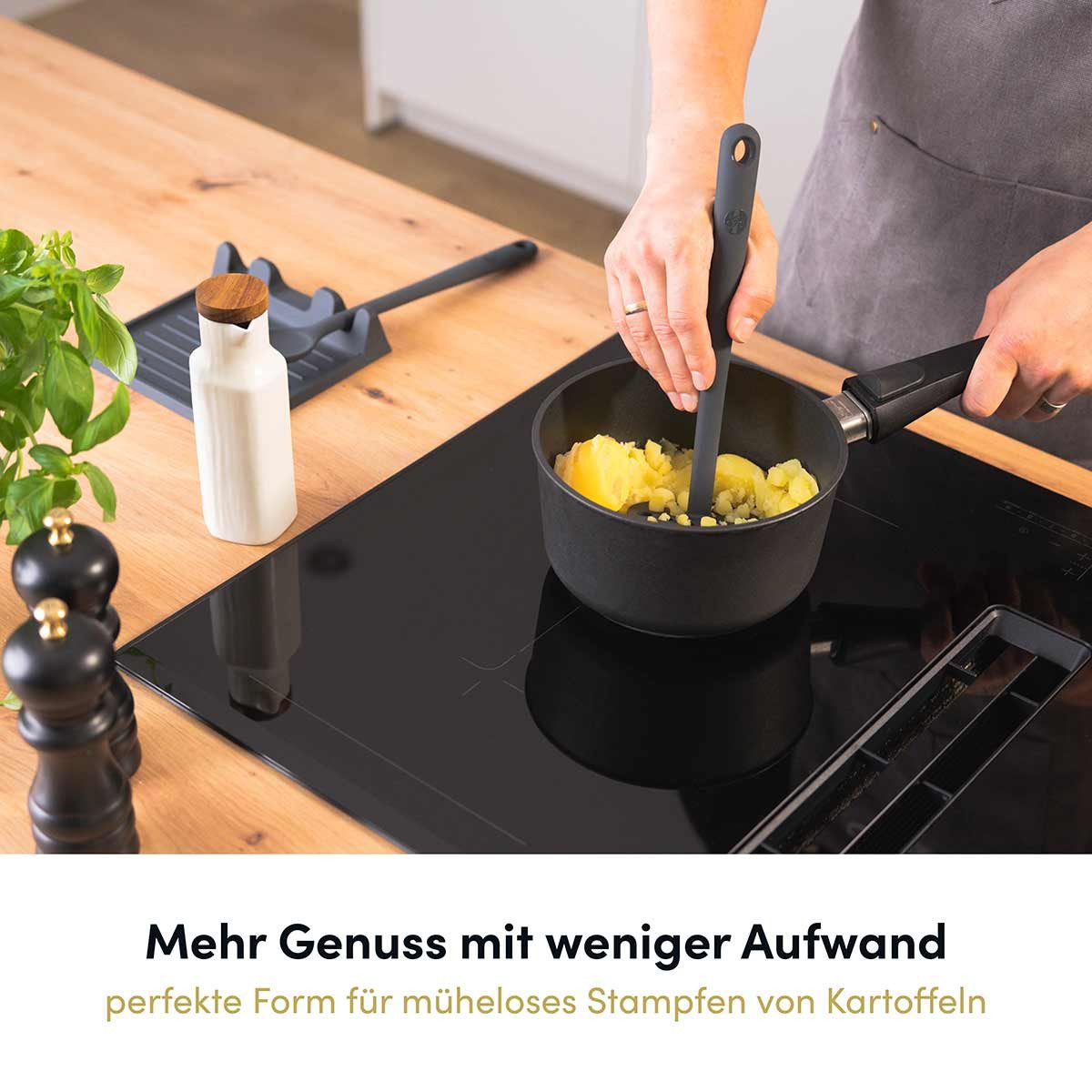 Hoffmann Germany Kochbesteck-Set 6-tlg. Erweiterungsset Stampfer Pastalöffel Silikon (Set, 6-tlg., 6-tlg.: Pastalöffel, Schaumlöffel, Stampfer, Soßenlöffel, Fingerschutz), Soßenlöffel, Schaumlöffel, Fingerschutz, spülmaschinengeeignet