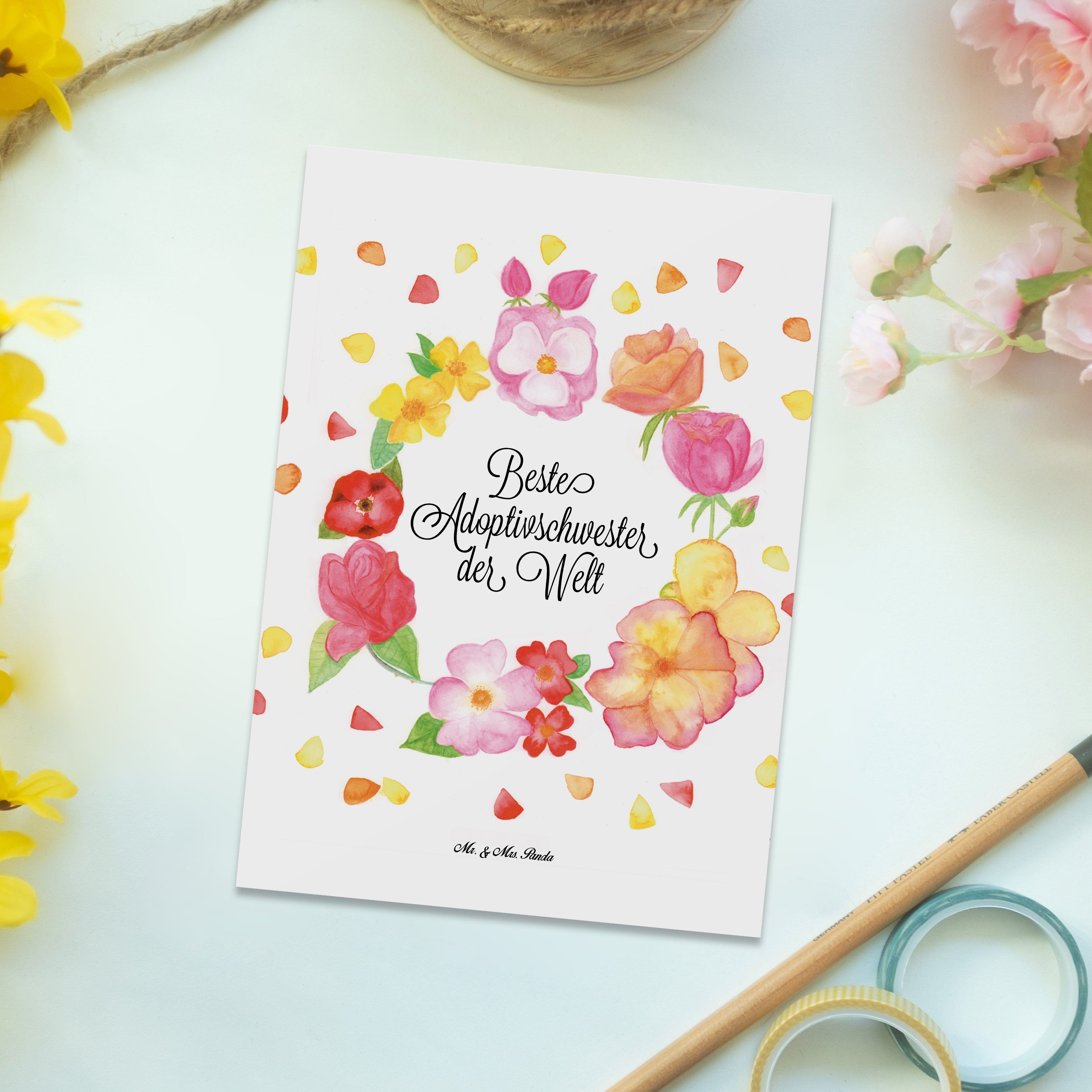 Mr. & Mrs. Weiß - Liebe Postkarte Adoptivschwester Panda - Blumen Flower, Einla Karte, Geschenk