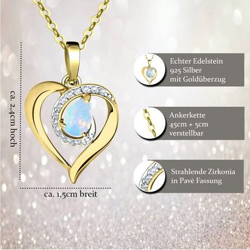 Limana Herzkette echter äthiopischer Opal Silber 925 Gold Kette mit Herz-Anhänger (inkl. Herz Geschenkdose und Tasche), 45-50cm Damengeschenk Liebe Geschenk für sie Goldkette Edelstein