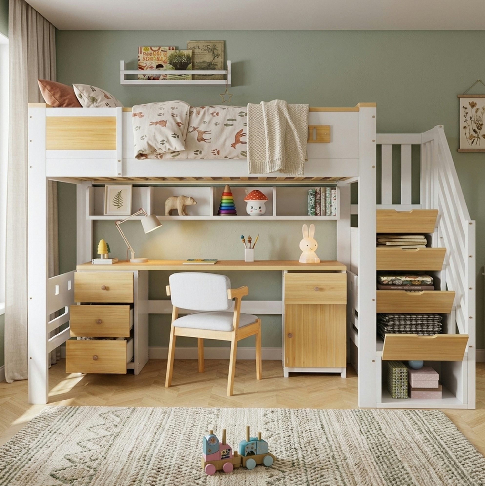 OKWISH Hochbett Jugendbett (mit Schreibtisch und Stauraum – 90x200 cm, Kinderbett mit Schubladen, Aufbewahrungstreppe und Wandregal, Stauraumbett Holzbett) Inklusive Matratze