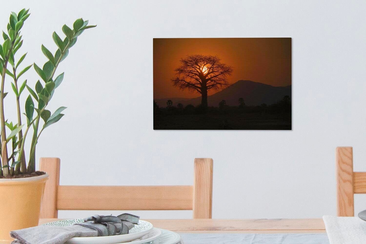 im OneMillionCanvasses® Wandbild einem Zambezi, cm Lower Wanddeko, 30x20 Leinwandbilder, Aufhängefertig, hinter Oranger Leinwandbild (1 St), Baobab-Baum Sonnenuntergang