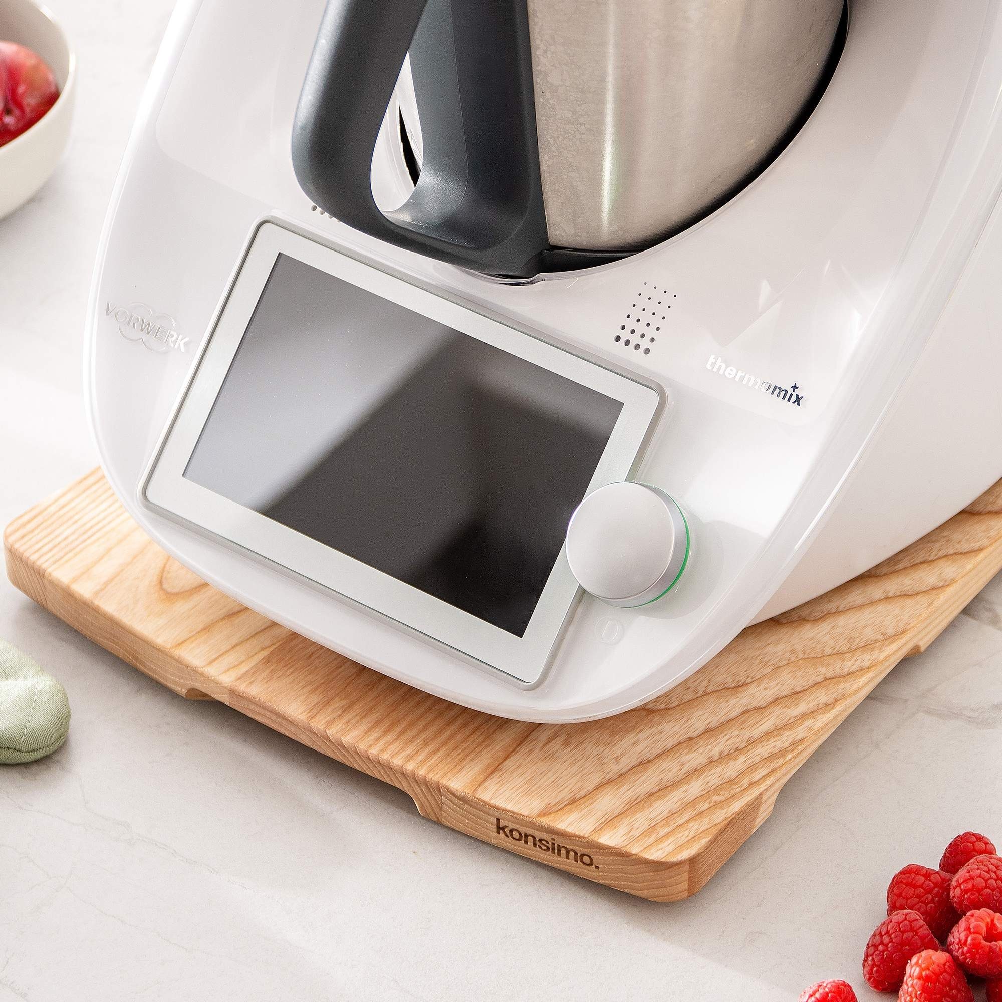 KONSIMO® Küchenmaschinen Zubehör-Set COQUERE Gleitbrett aus Massivholz/Slider aus Naturholz, Zubehör für Thermomix TM5 und TM6, Gummifüße zur Vermeidung von Schäden am Gewichtssensor