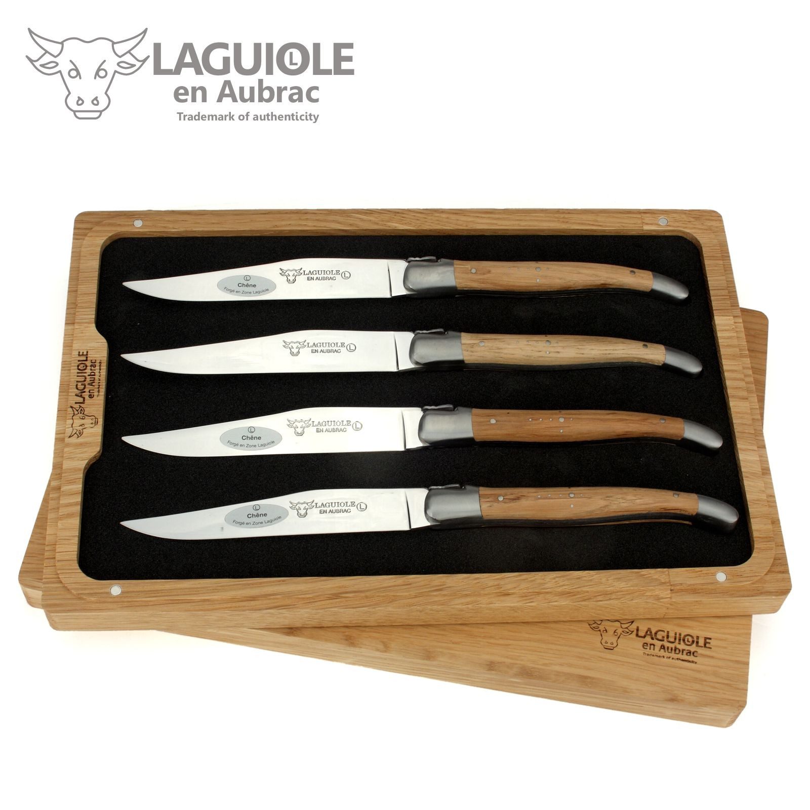 Laguiole en Aubrac Steakmesser 42C99CHIH 4er Set - Griff Eichenholz - Backen matt - Klinge glänzend - Holzbox
