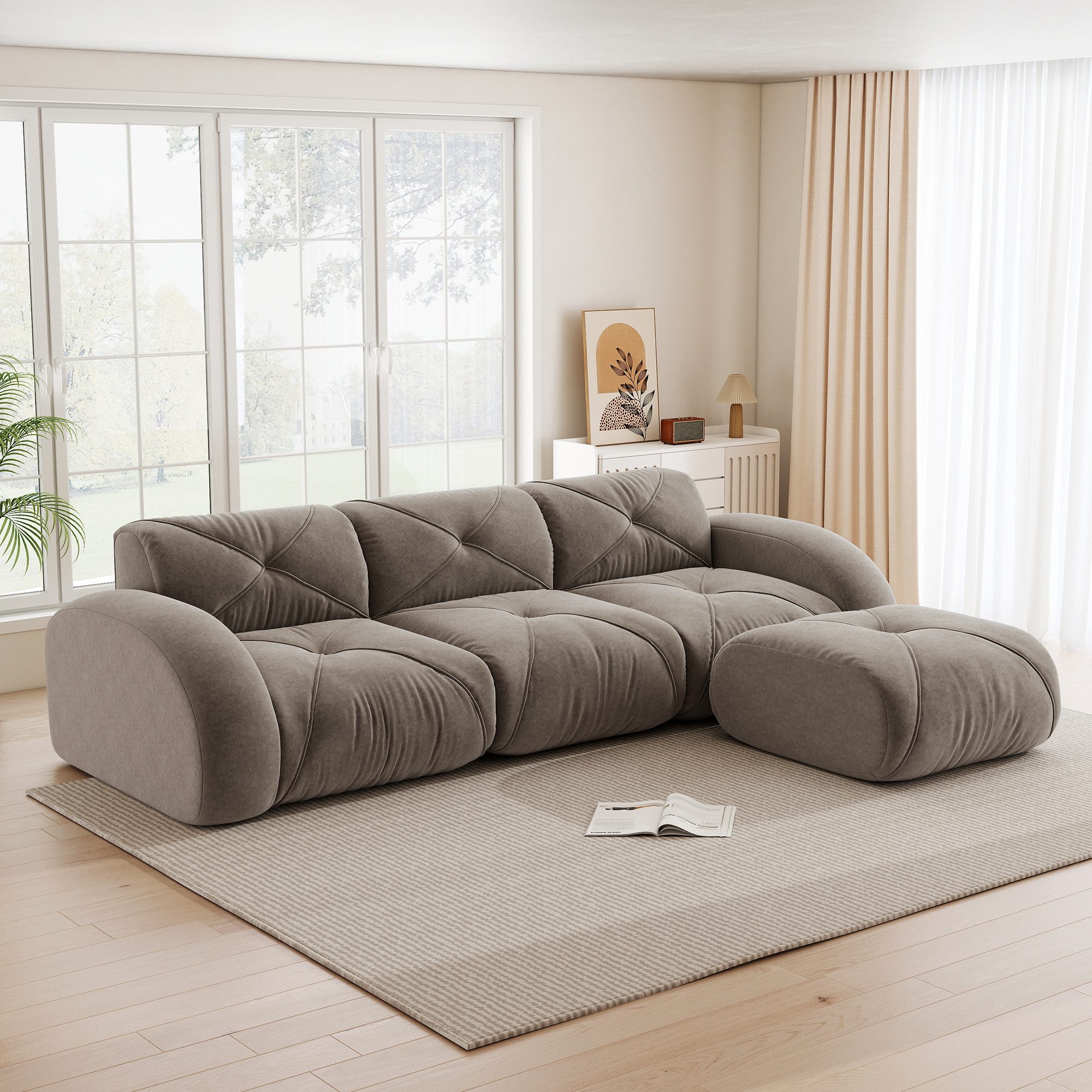 Leawin Sofa Sofas Wohnzimmer, Sofa mit Schlaffunktion in L-Form aus Chenille, Modulares 3-Sitzer Sofa mit Fußstütze, rutschfest und montagefrei