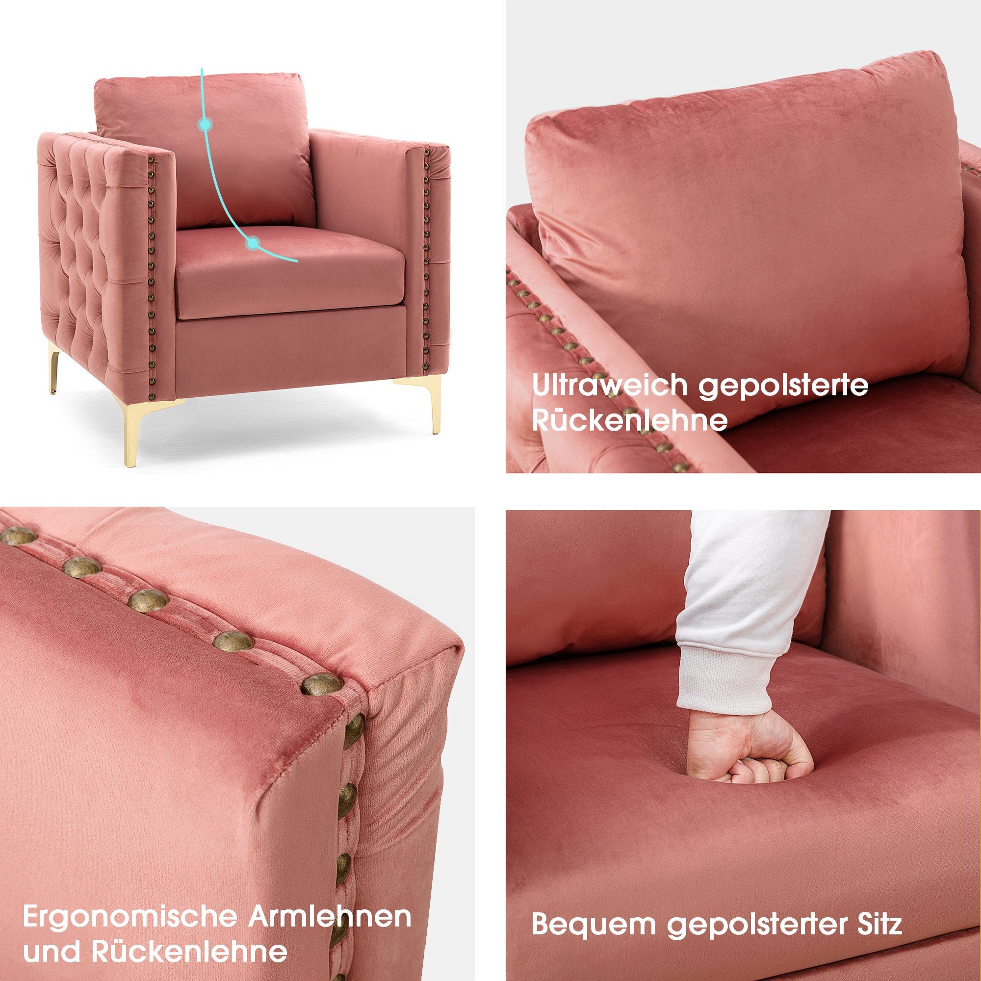Sessel, Fernsehsessel mit edler Knopfheftung und gepolstertem Sitzkissen, goldenen Beinen, Relaxsessel mit Kissen