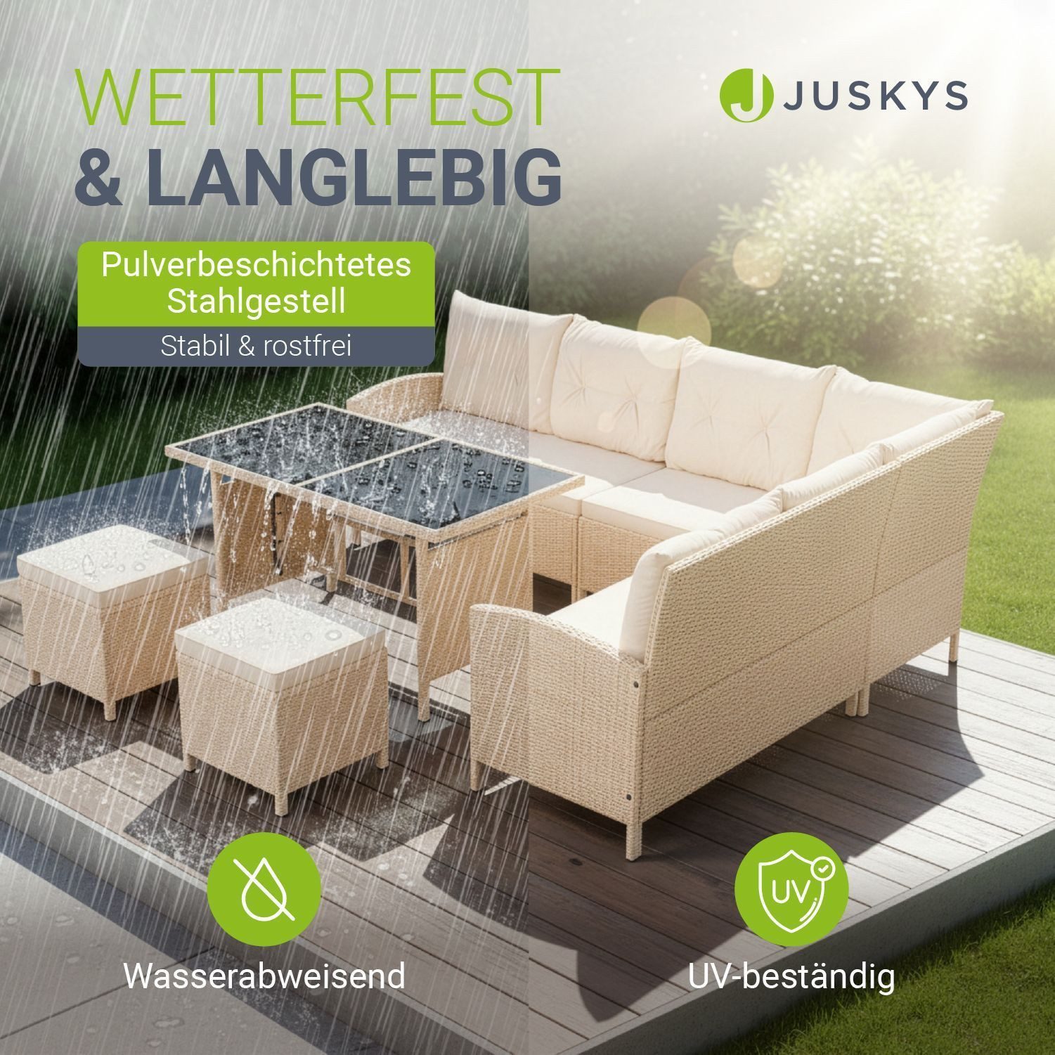 Juskys Gartenlounge-Set Manacor, (Gartenlounge), Polyrattan Gartenmöbel-Set mit Garten-Sofa, Garten-Tisch und 2 Hocker