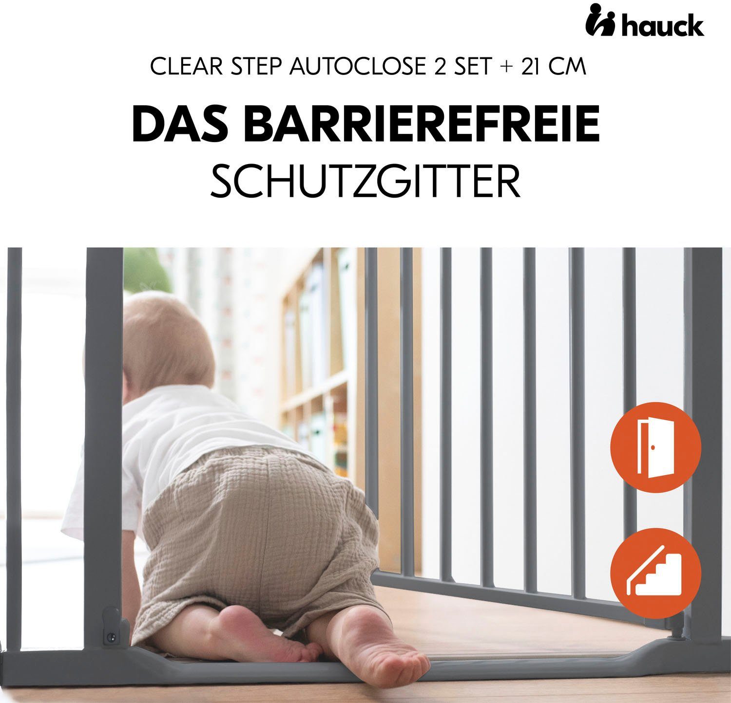 Hauck Türschutzgitter Dark Autoclose Grey, 2 verwendbar Set Step +21cm, Clear auch Treppenschutzgitter als