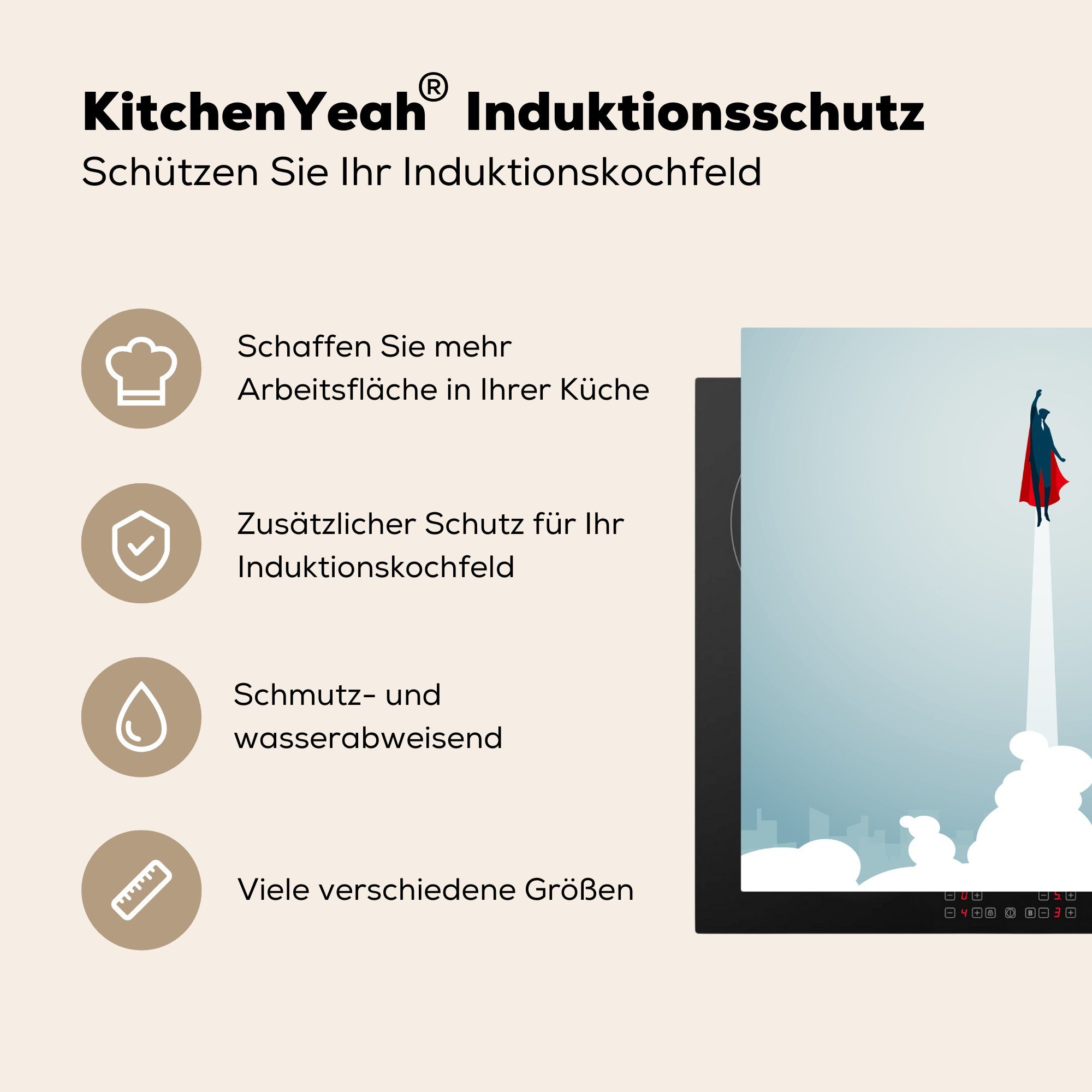 cm, Kleiner, Eine Arbeitsplatte 78x78 küche in - tlg), Superhelden den - (1 eines Illustration Vinyl, Wolken Jungen Ceranfeldabdeckung, Herdblende-/Abdeckplatte für MuchoWow