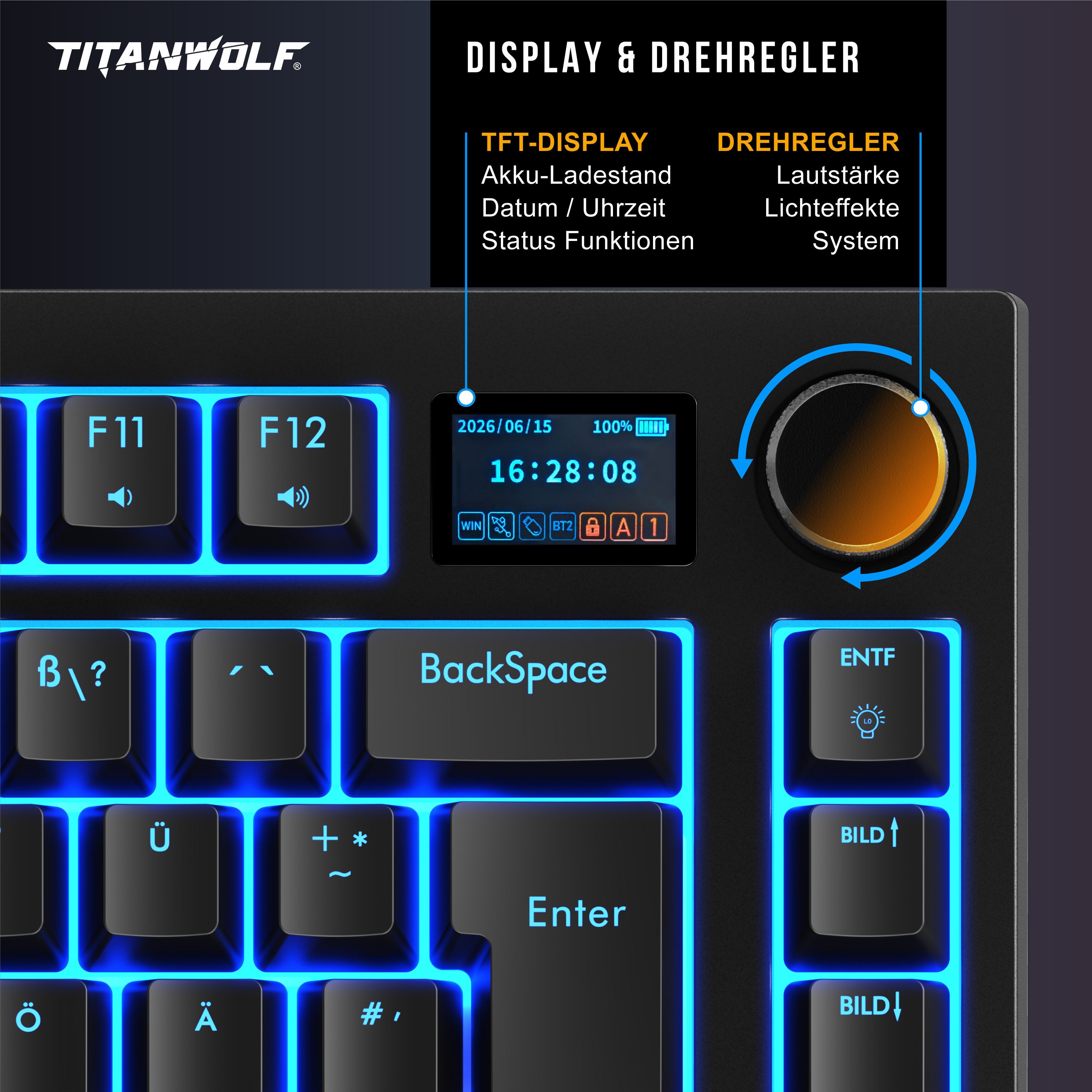 Titanwolf ALPHA Gaming Tastatur TKL, 82 Tasten mechanisch, TFT-Display, RGB Gaming-Tastatur (BT 2,4 GHz, Hot-Swap-Switches, Gasket Mount, 4000 mAh Akku, Drehreg – Bild 5 von 5
