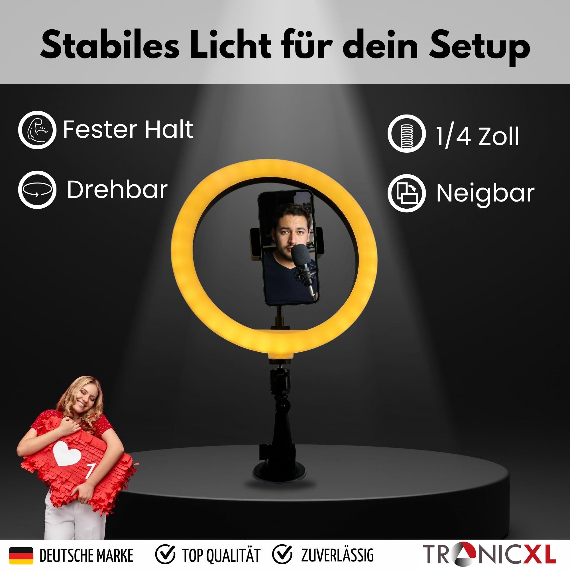 TronicXL Ringlicht Ringlicht mit Saugnapf Halterung Handy Halter für iPhone Smartphone, Ring Light Ständer für YouTube Video Stream TikTok