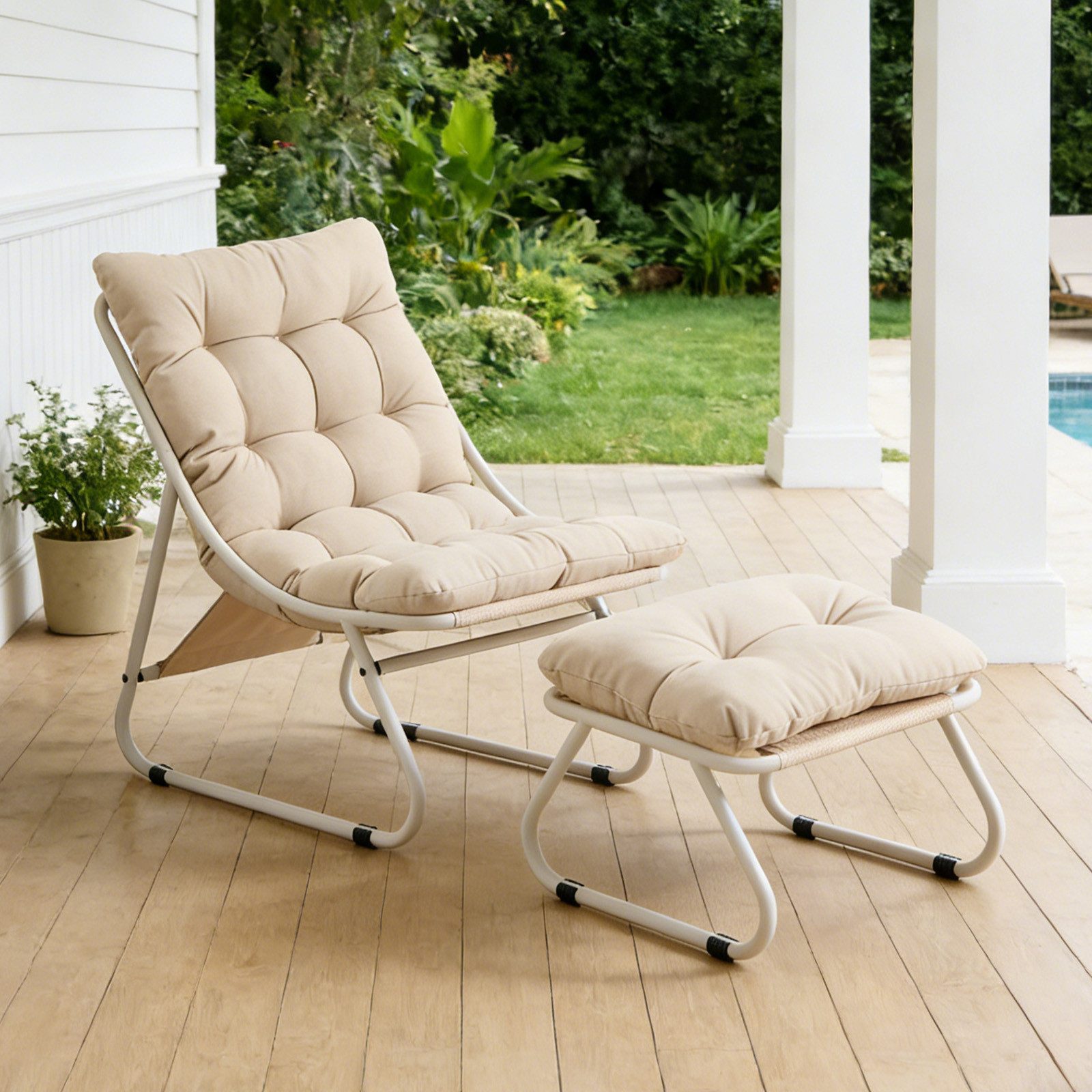 LVHOM Loungesessel mit Hocker, wasserdichtem Stahlrahmen, ergonomisch, für In-/Outdoor (Relaxsessel, bequeme Sitzfläche, Hocker als temporärer Sitz/Schuhwechselbank, rutschfestes Design, rostfreier Metallrahmen, Tragfähigkeit 130 kg), für Garten, Balkon, Wohnzimmer, Schlafzimmer, Arbeitszimmer, Innenhöfe