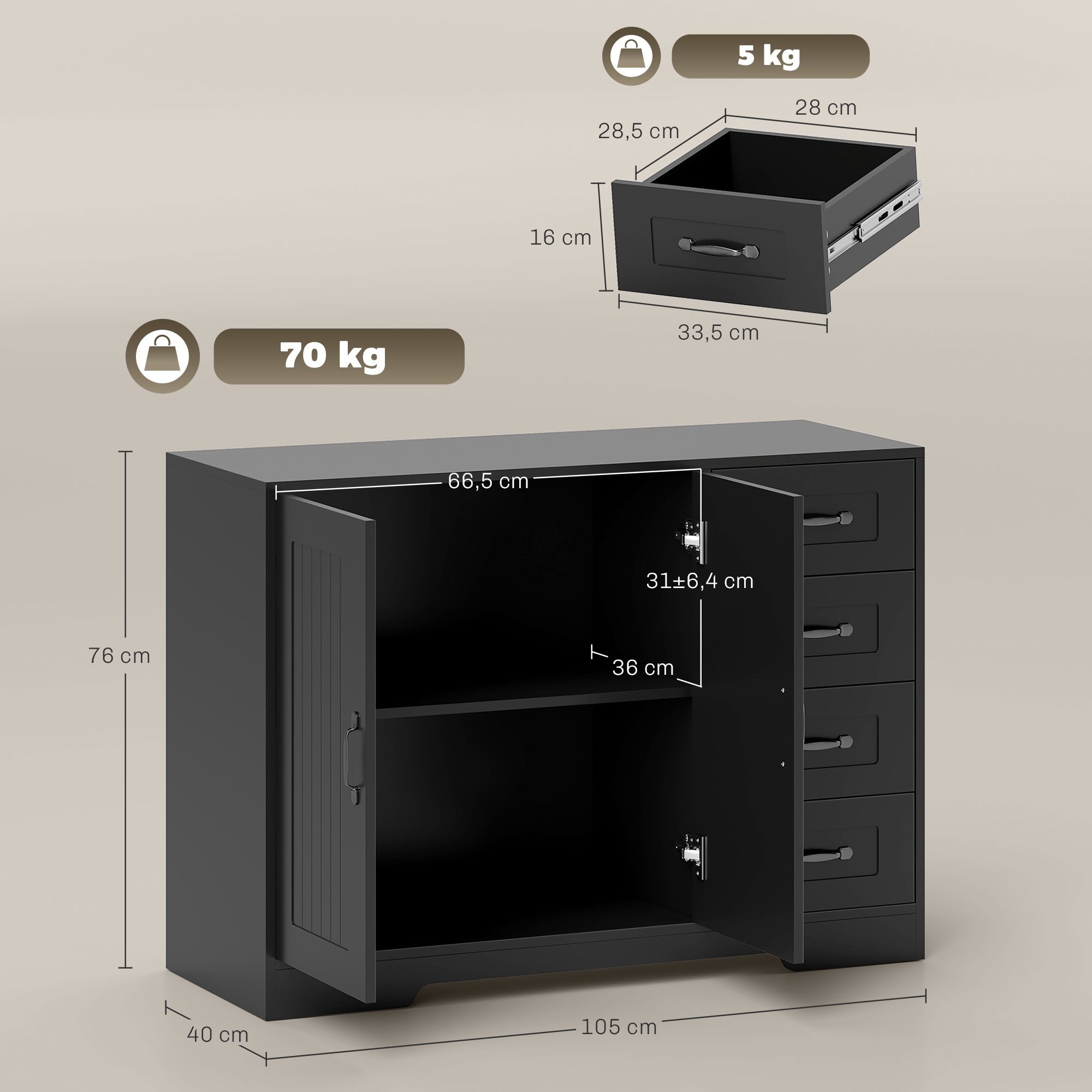 HOMCOM Sideboard Beistellschrank mit 4 Schubladen, 2 Türen, Küchenschrank (Aufbewahrungsschrank, 1 St., Küchenschrank), für Wohnzimmer, 105 x 40 x 76 cm, Schwarz