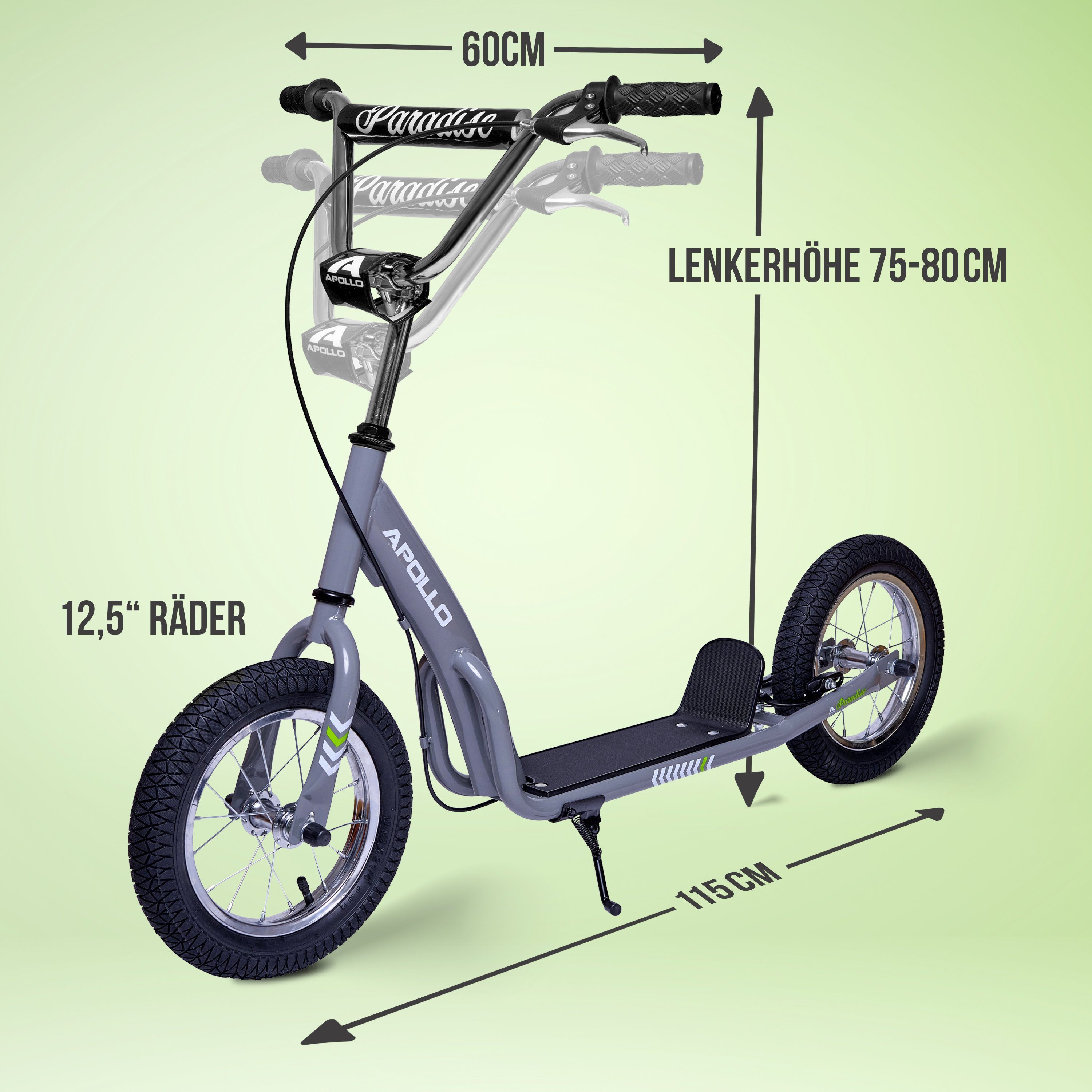 12,5 mit Jugendliche breiter Apollo Roller extra und City für Grau Scooter Retro Zoll mit Tretroller Scooter Paradise Kinder Trittfläche Luftreifen,