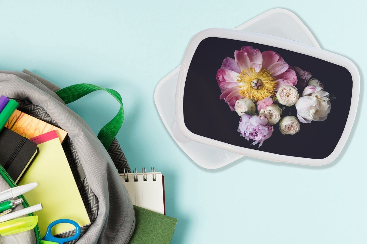 Jungs Pastell, und Mädchen Kunststoff, Blumen - MuchoWow Brotbox - Lunchbox Brotdose, Erwachsene, für für und (2-tlg), Kinder Rosa weiß
