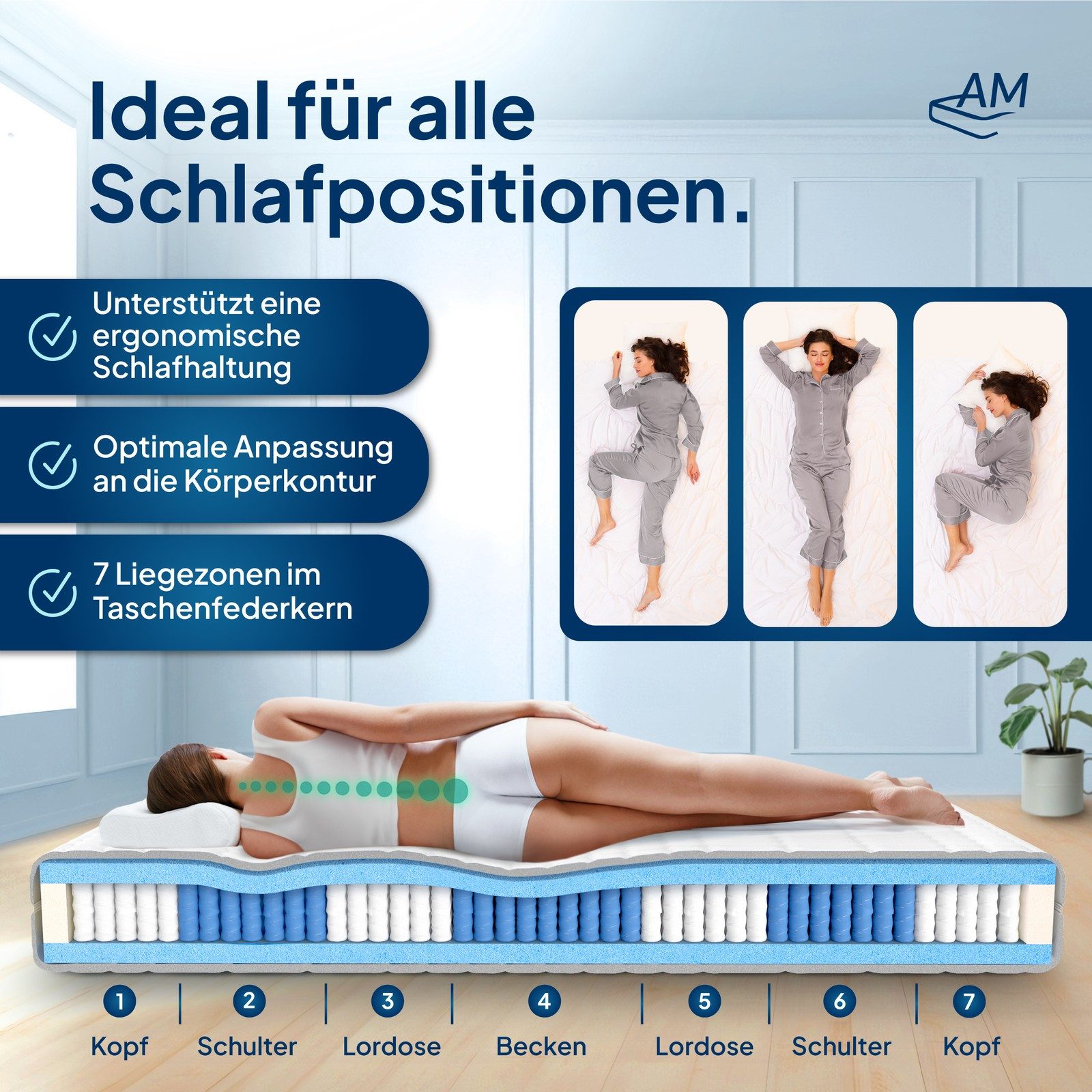 Taschenfederkernmatratze 1000 Federn, 7-Zonen Federkernmatratze, Besonders Anpassungsfähig, AM Qualitätsmatratzen, 24 cm hoch, 90x200 cm