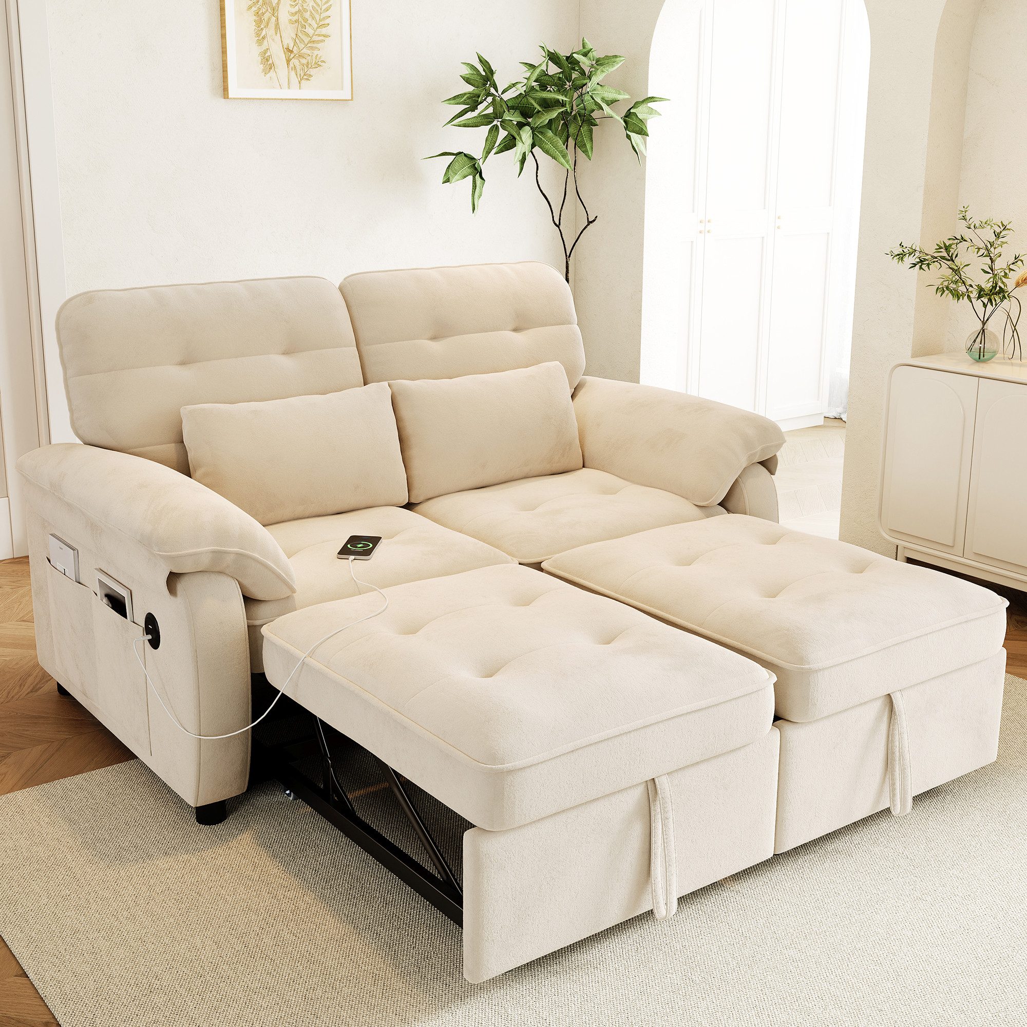 Merax Schlafsofa faltbar mit 3-fach verstellbarer Rückenlehne, Chenille, Sofabett Tagesbett Sofa 1 Teile, 3-in-1 Doppelschlafsofa mit Seitentasche, 2 Kissen & USB-Anschluss