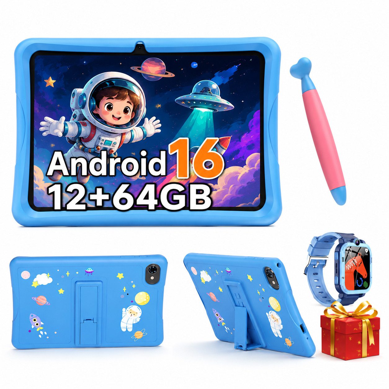 VekfulPC 10,1" Kinder Tablet Android 16 mit Schutzhülle, 64GB, inkl. Kinderuhr Tablet (10,1", 64 GB, Android 16, Google Kids Space, 10,1" HD, 5000mAh, 12GB)
