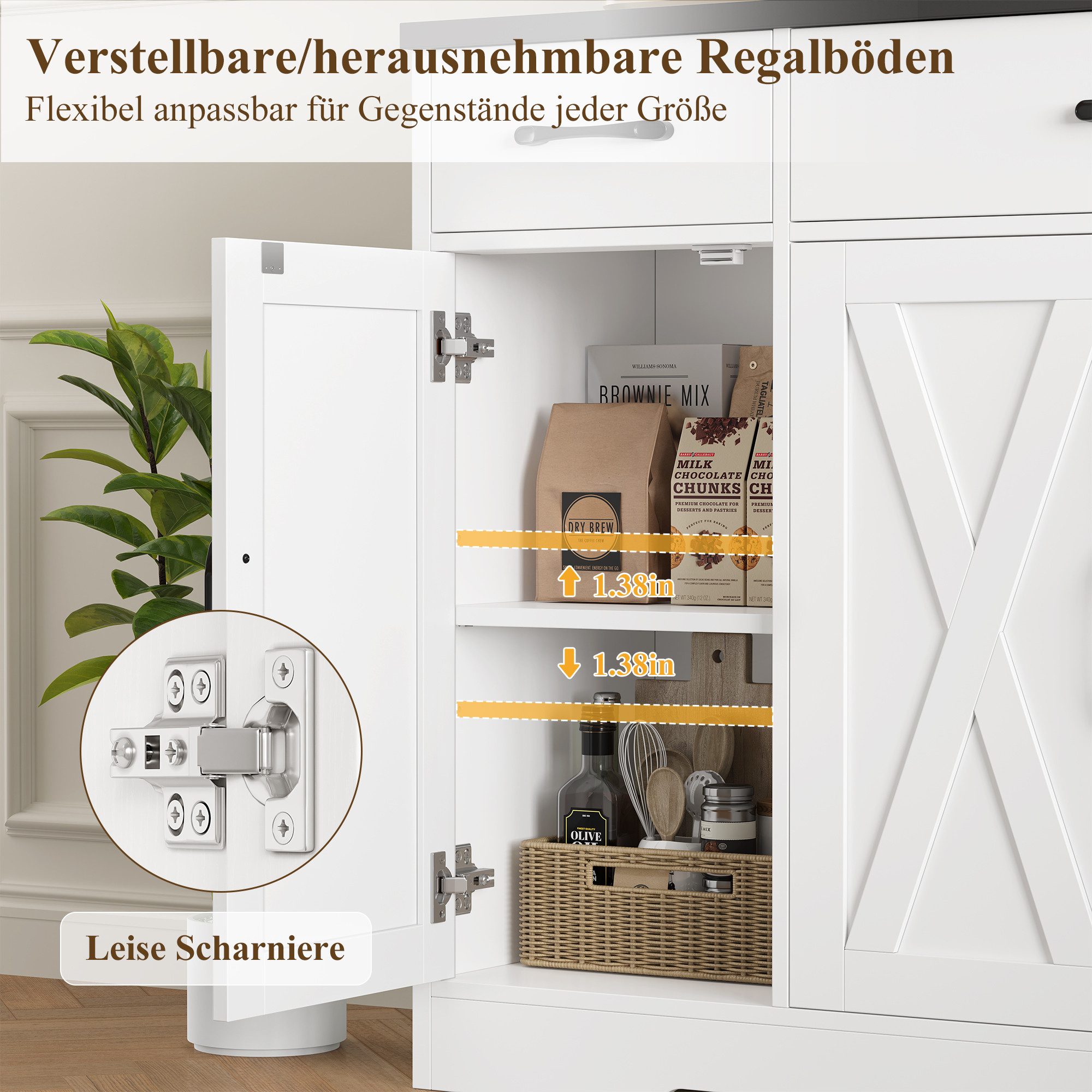 HOMECHO Sideboard, 140cm Breite Küchenschrank 3 Schubladen 4 Türen, Verstellbaren Regalen