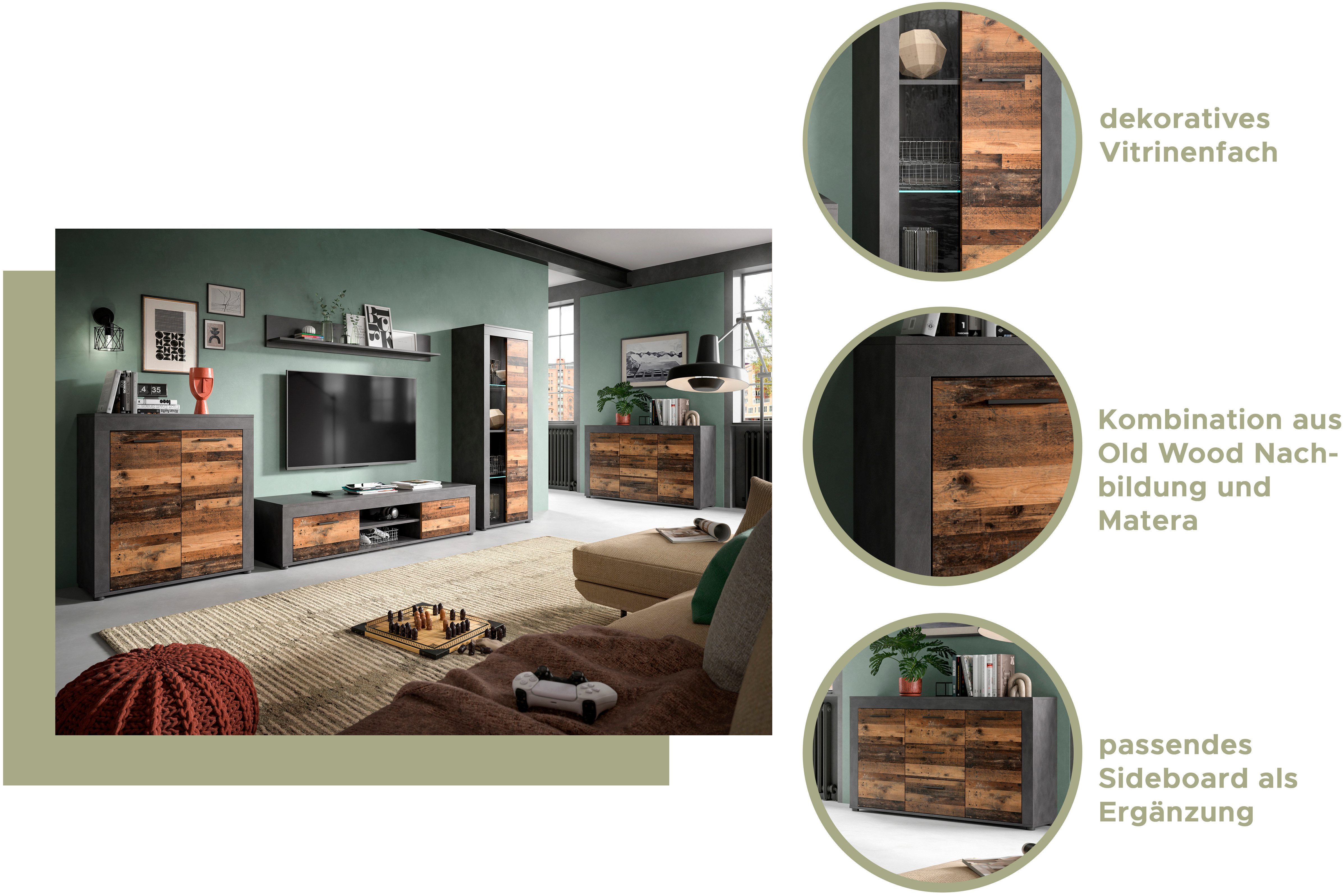 OTTO home Wohnwand AOSTA, Breite 310cm, 4-teilige Wohn-Kombination, (bestehend aus: 2x Vitrine, Lowboard, Wandboard), Wohnwand, Kombination, Anbauwand, Möbel Set, Schrankwand, Möbel Kombi