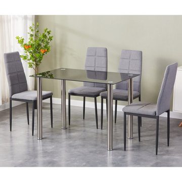 HOOZ Essgruppe fürs Esszimmer, Küche und Wohnzimmer Tischplatte 6 mm Sicherheitsglas, (Set, 5-tlg., Tisch mit 4 Stühlen), Tischplatte schwarz, Bezug Stühle grau