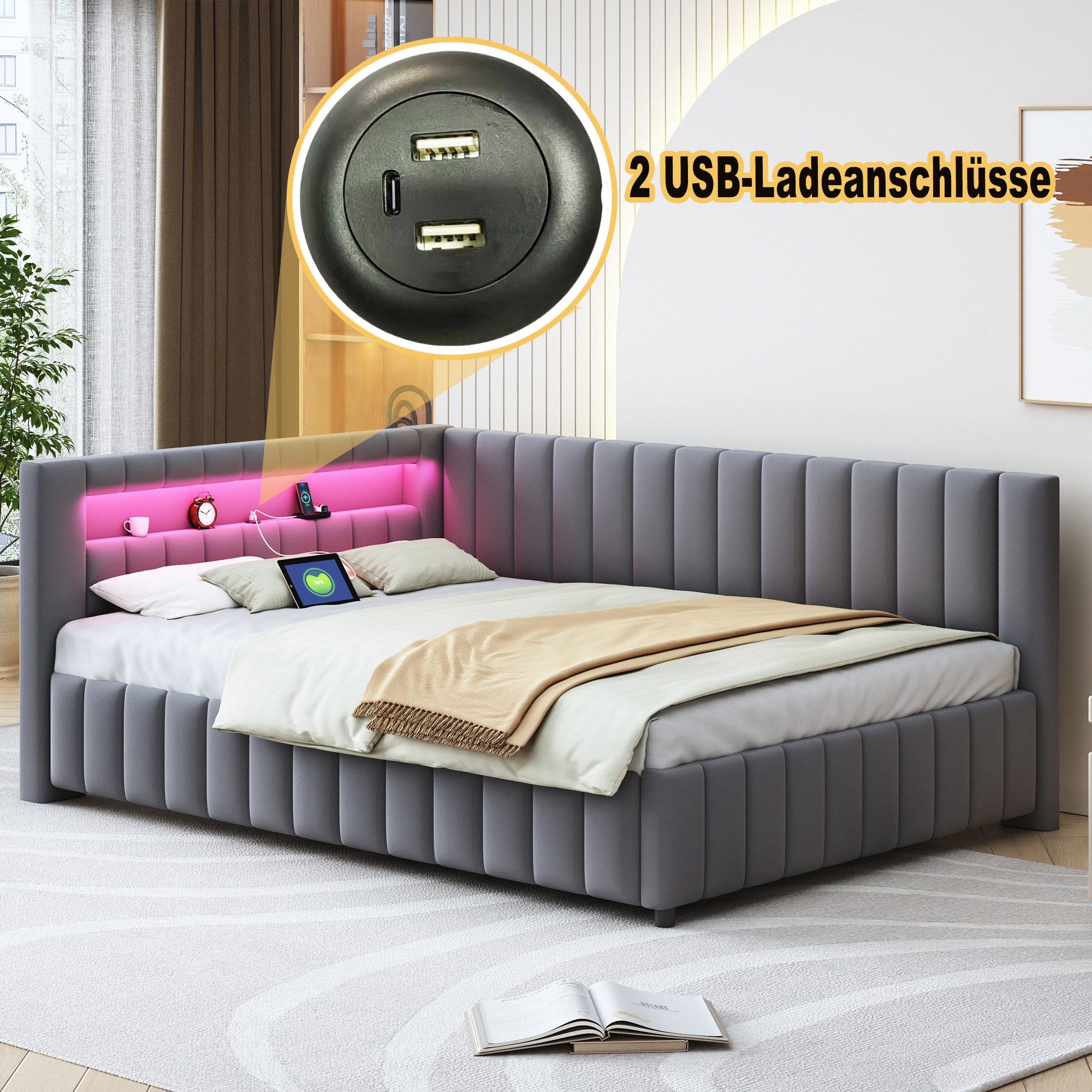 MODFU Polsterbett Daybett Tagesbett Polsterbett Doppelbett Kinderbett Gästebett (mit LED-Licht, USB-Anschluss, Rückenlehne und stabilem Rahmen, für Schlafzimmer & Gästezimmer, 140x200 cm), Ohne Matratze
